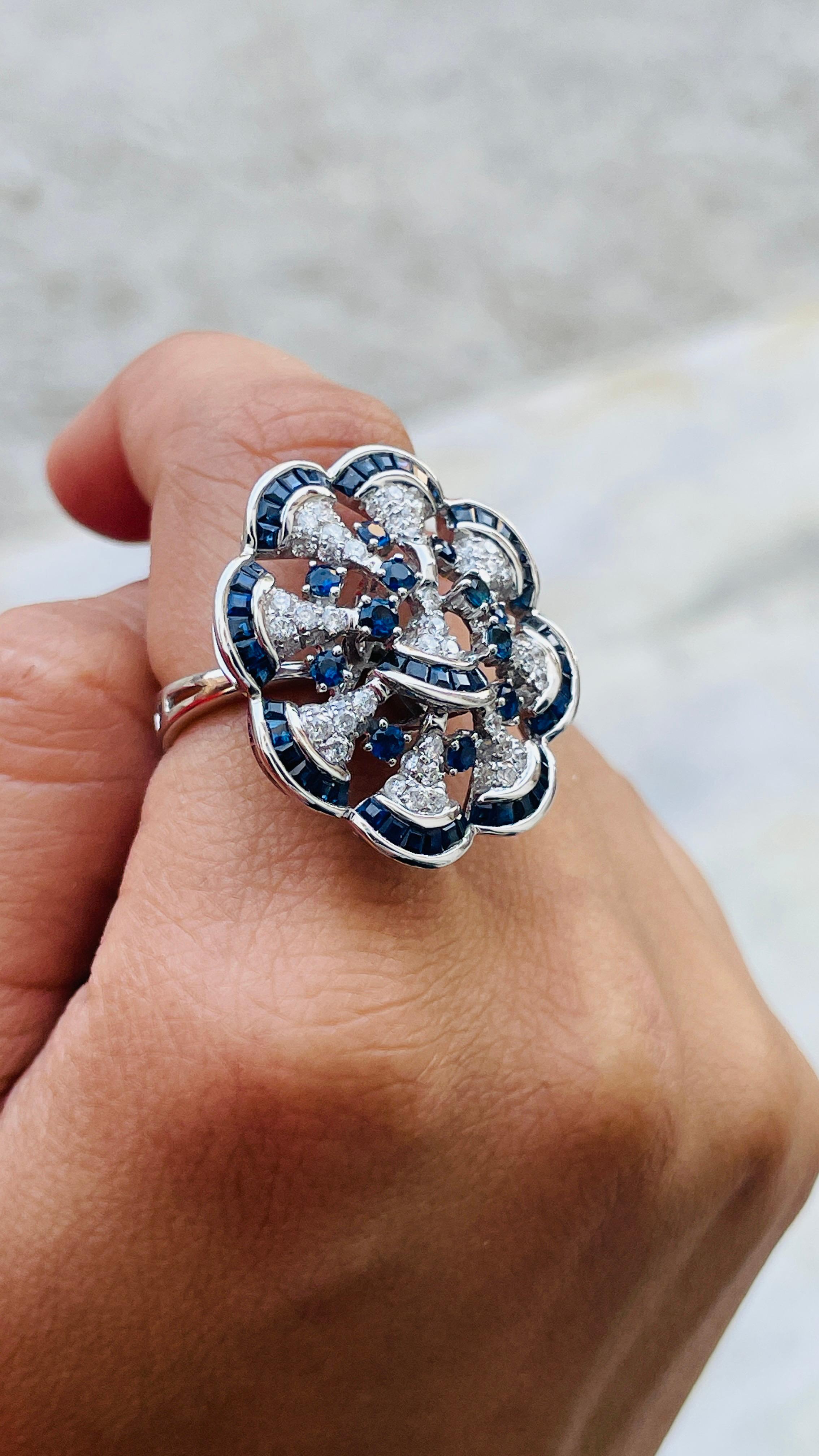 For Sale:  Cocktail Ring Blue Sapphire and Diamond Ring in 14K White Gold 5