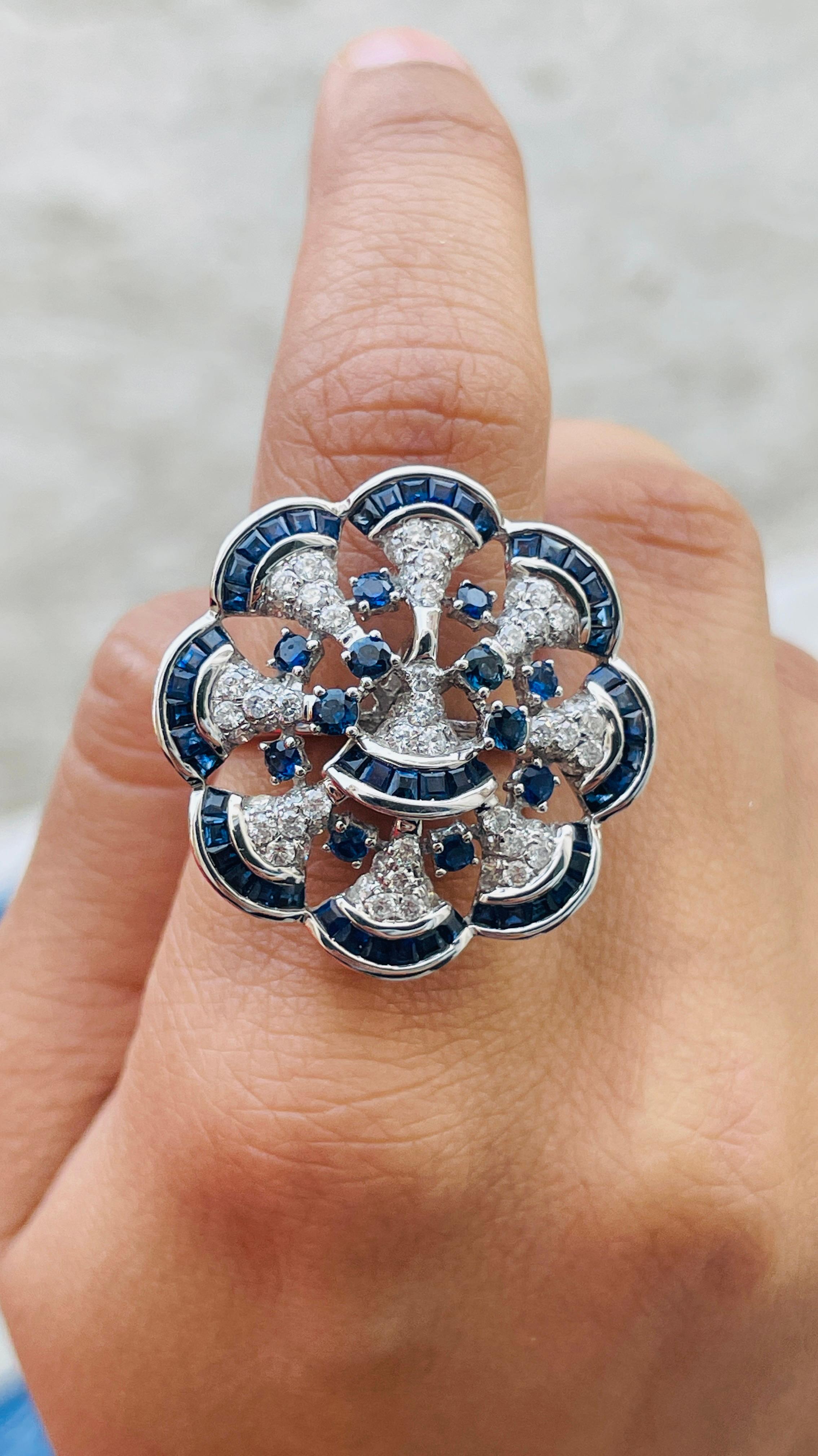 For Sale:  Cocktail Ring Blue Sapphire and Diamond Ring in 14K White Gold 6