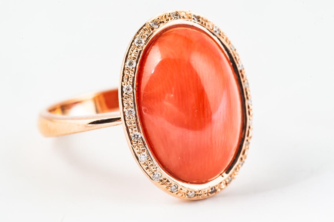 Artisan Cocktail Ring Coral Cabochon Diamond Rose Gold 18 Karats For Sale