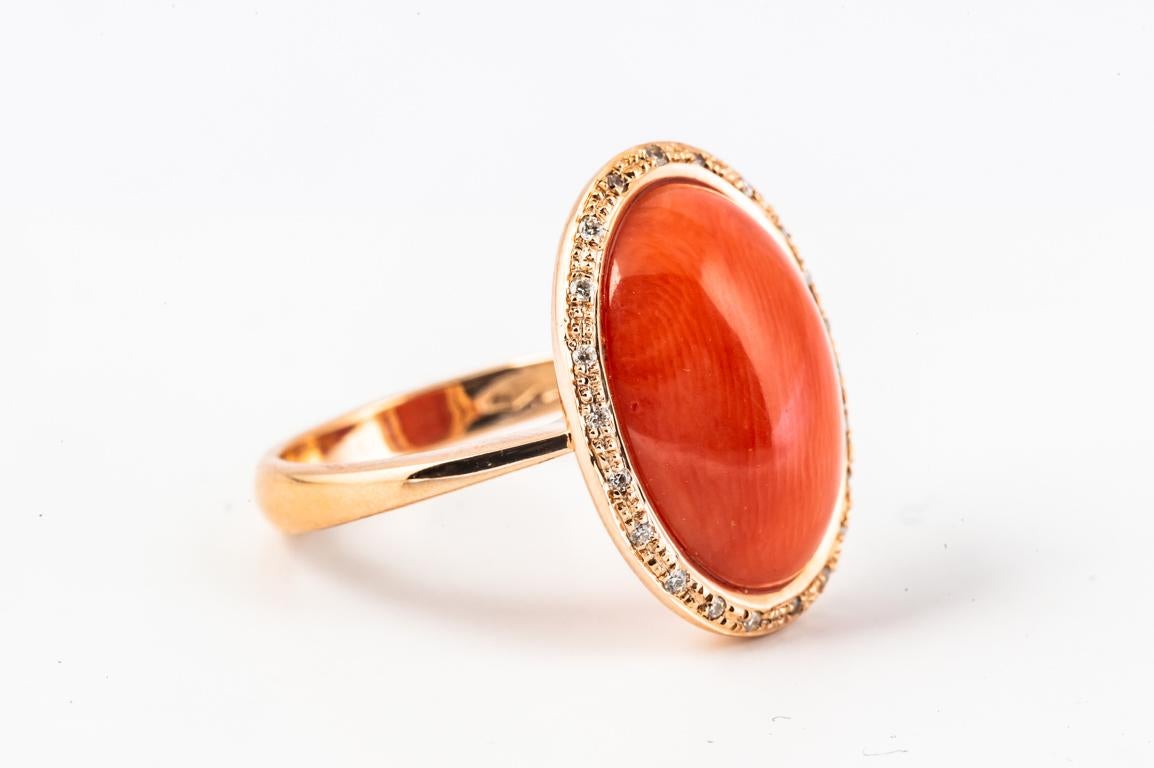Cocktail Ring Coral Cabochon Diamond Rose Gold 18 Karats In New Condition For Sale In Vannes, FR