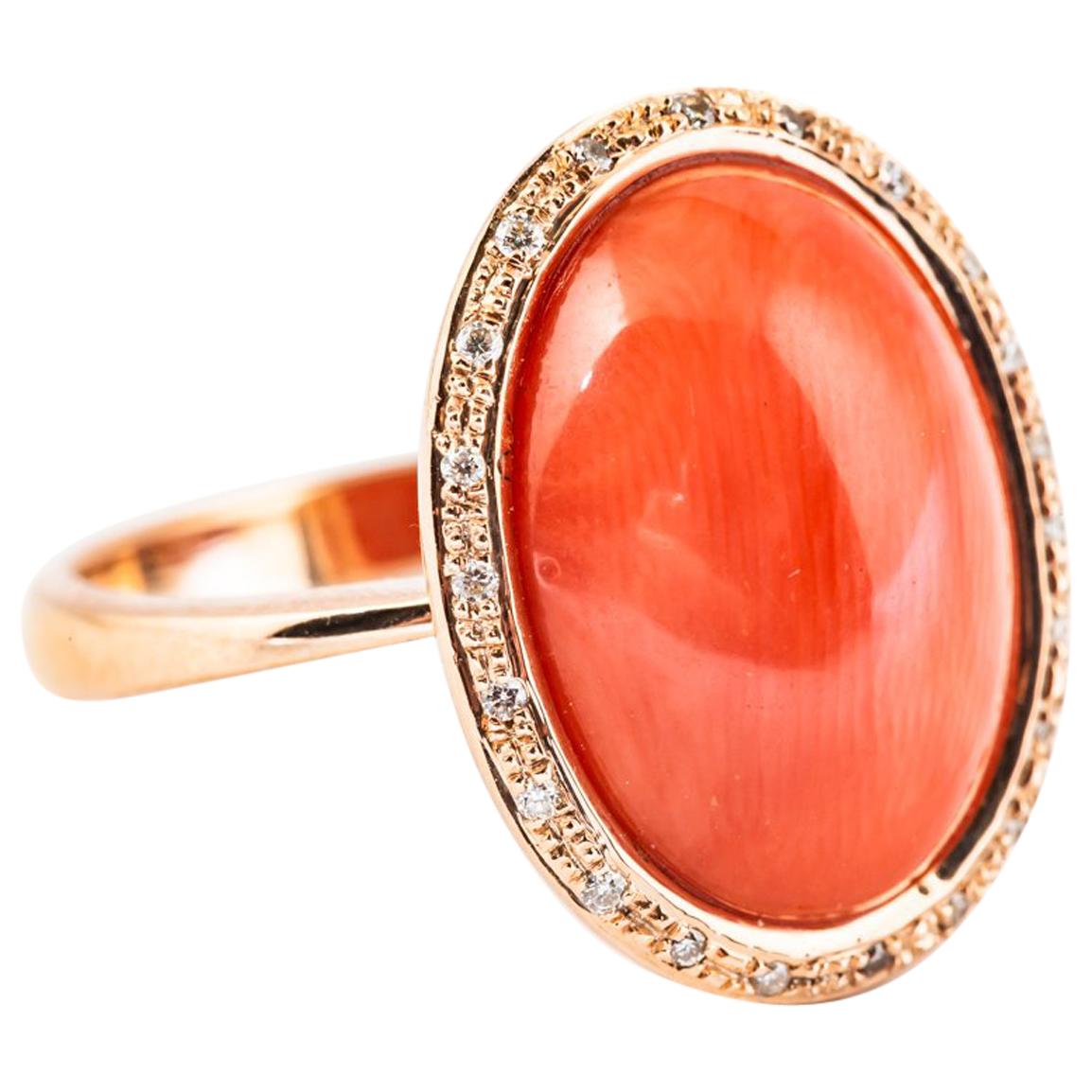 Cocktail Ring Coral Cabochon Diamond Rose Gold 18 Karats For Sale