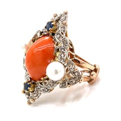 COCKTAIL RING- Coral, Saphire and Diamonds in 14kt Rose Gold.