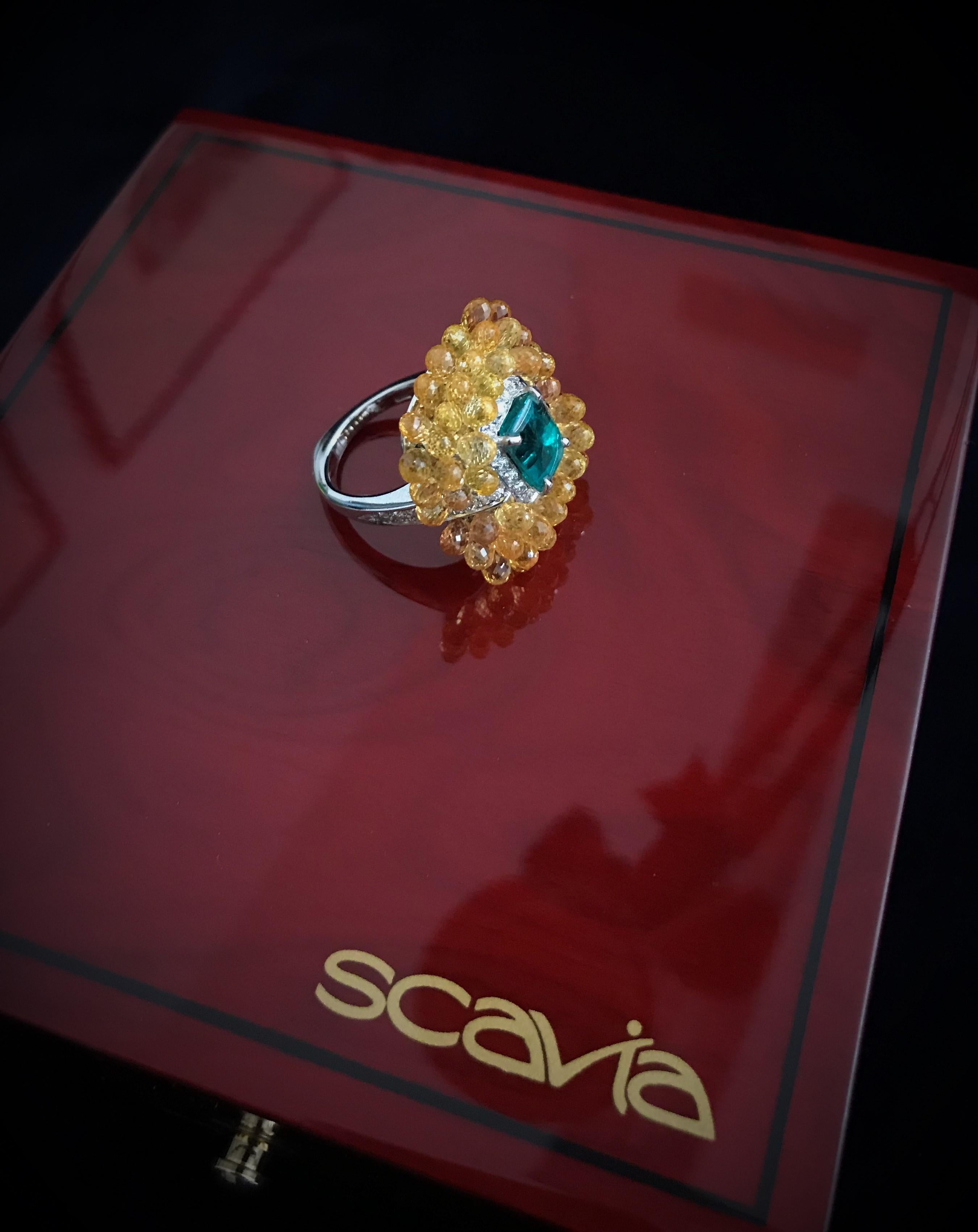 Diamond Cocktail Ring 2.09 Ct Cut Emerald and Briolette Cut Yellow Sapphires For Sale 2