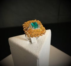Diamond Cocktail Ring 2.09 Ct Cut Emerald and Briolette Cut Yellow Sapphires