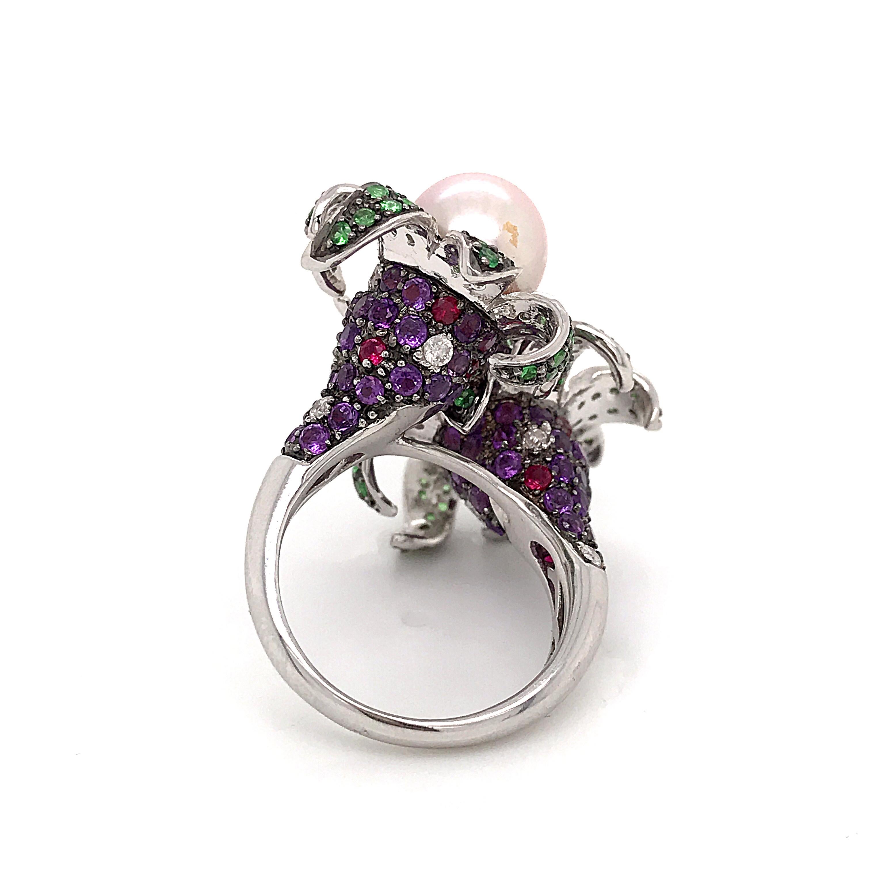 Cocktail Ring Cultured Pearl Emerald Amethyst Diamonds Ruby White Gold 18 Karat For Sale 4