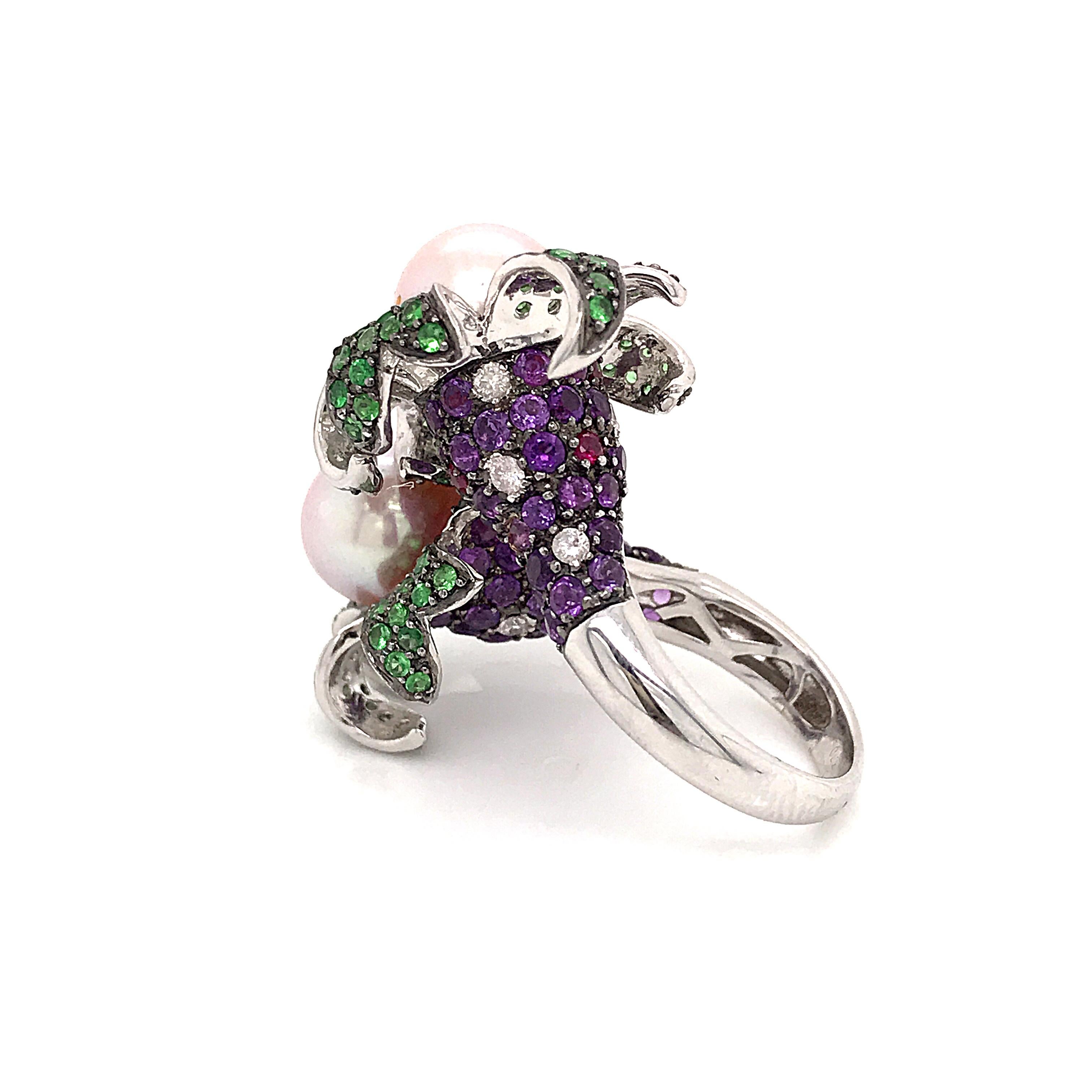 Cocktail Ring Cultured Pearl Emerald Amethyst Diamonds Ruby White Gold 18 Karat For Sale 5
