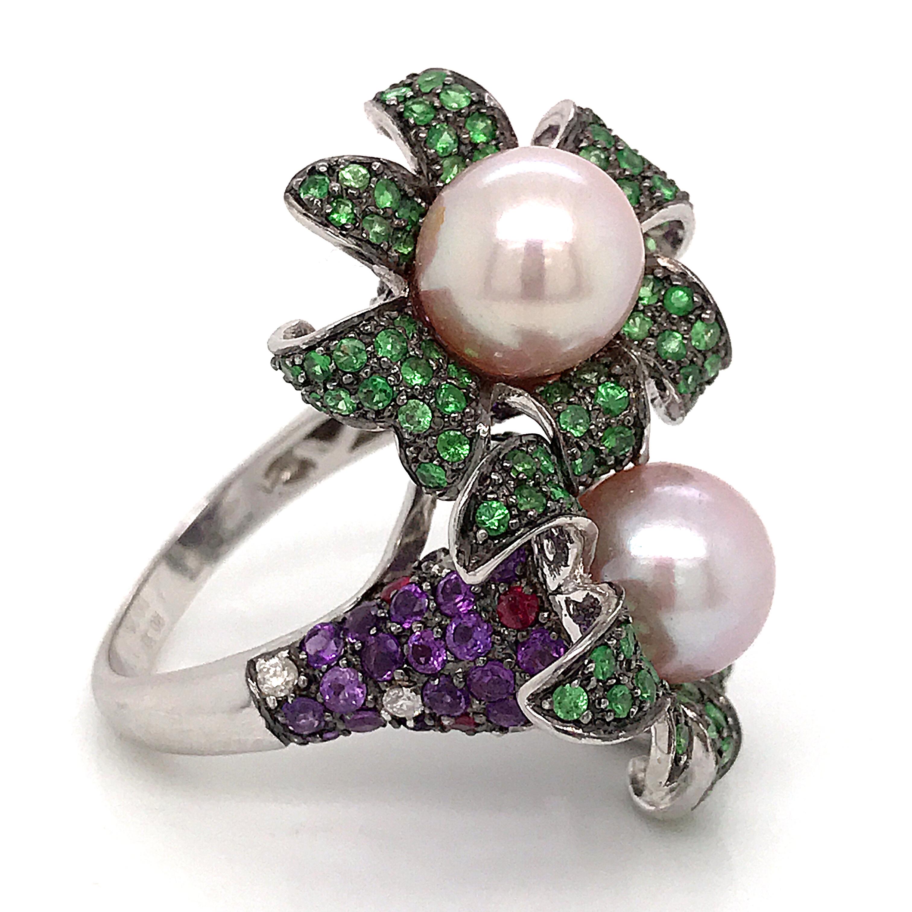 Cocktail Ring Cultured Pearl Emerald Amethyst Diamonds Ruby White Gold 18 Karat For Sale 6