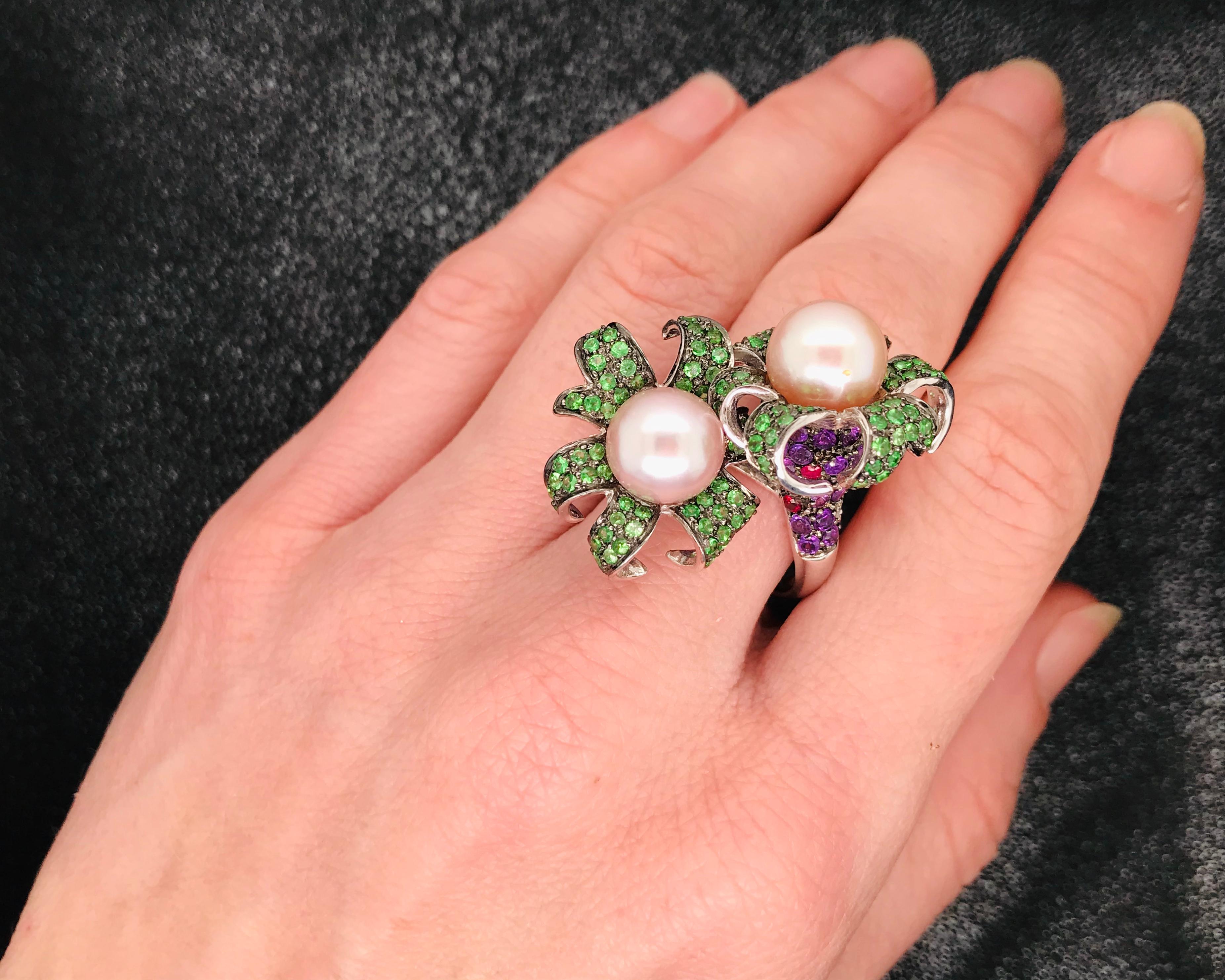 Cocktail Ring Cultured Pearl Emerald Amethyst Diamonds Ruby White Gold 18 Karat For Sale 7