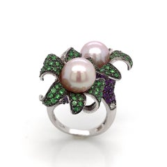 Cocktail Ring Cultured Pearl Emerald Amethyst Diamonds Ruby White Gold 18 Karat