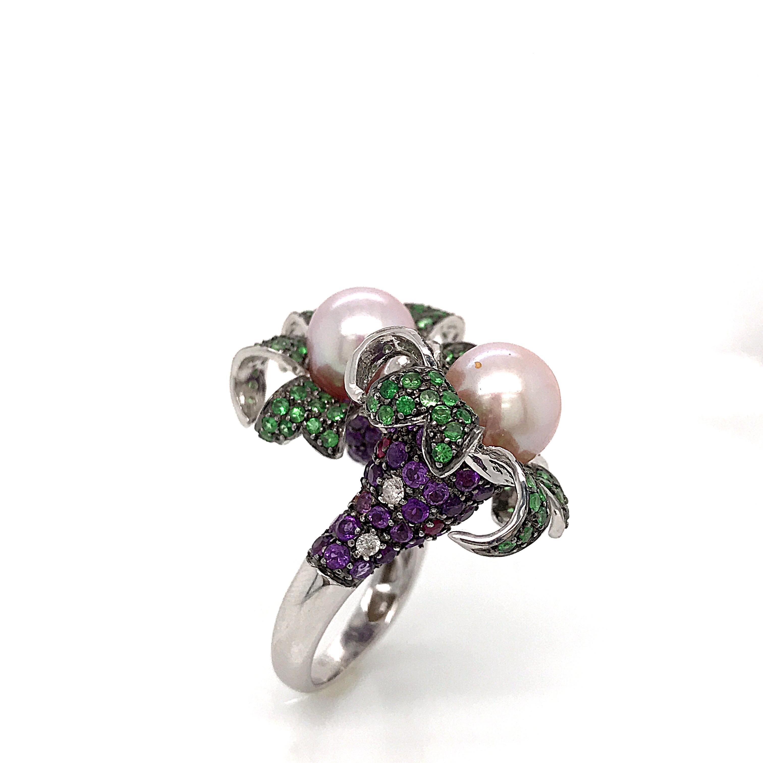 Contemporary Cocktail Ring Cultured Pearl Emerald Amethyst Diamonds Ruby White Gold 18 Karat For Sale