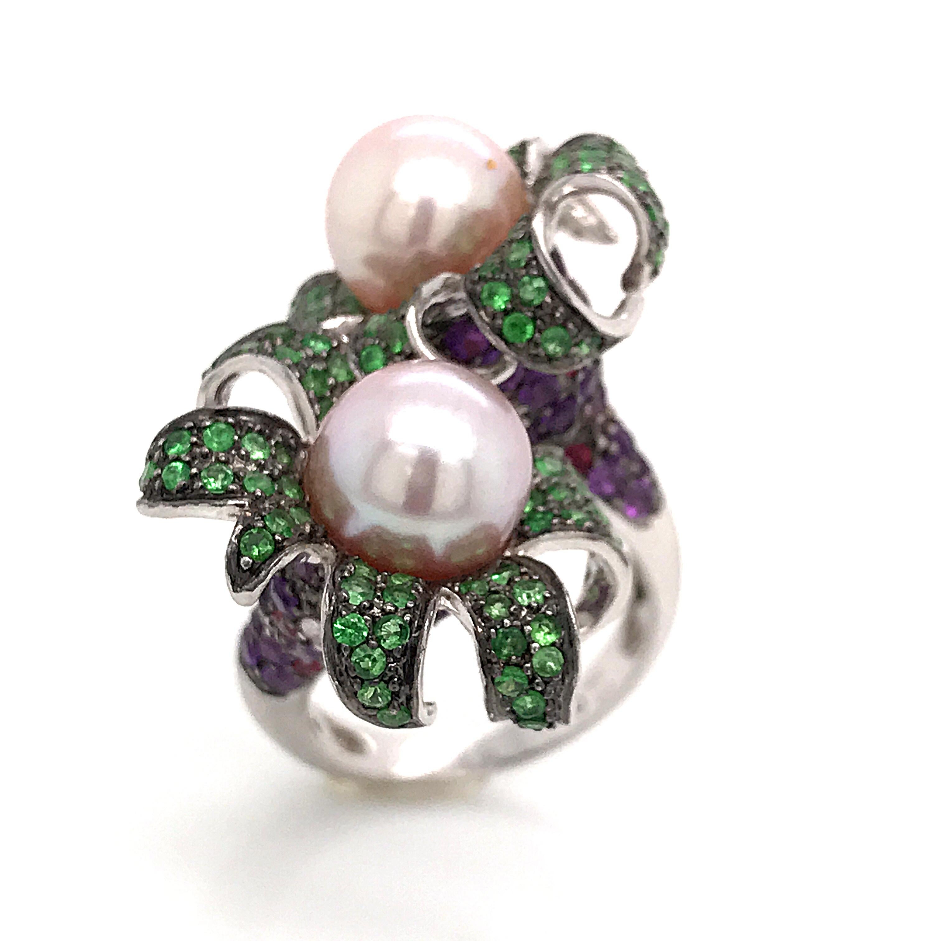 Round Cut Cocktail Ring Cultured Pearl Emerald Amethyst Diamonds Ruby White Gold 18 Karat For Sale
