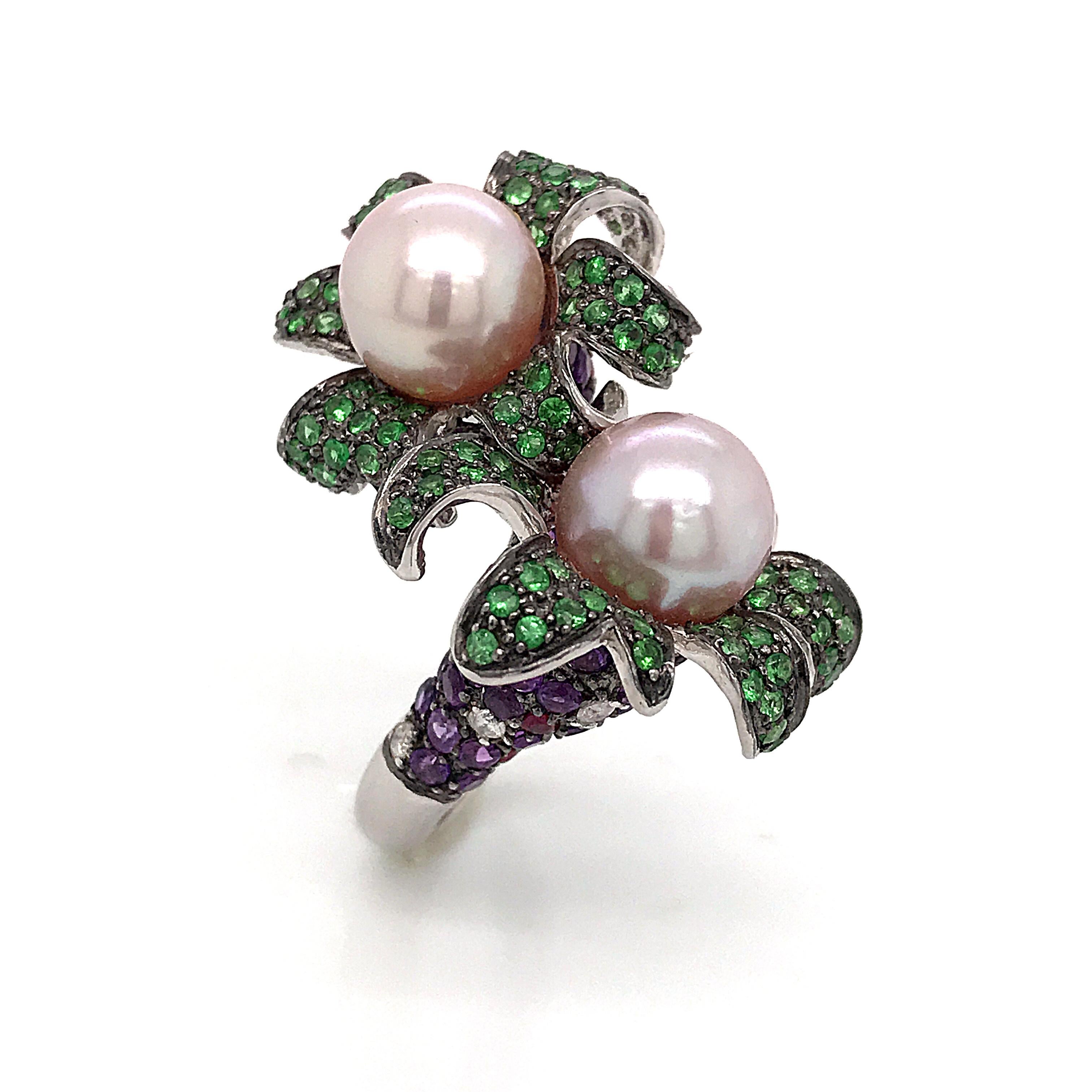Cocktail Ring Cultured Pearl Emerald Amethyst Diamonds Ruby White Gold 18 Karat In New Condition For Sale In Vannes, FR