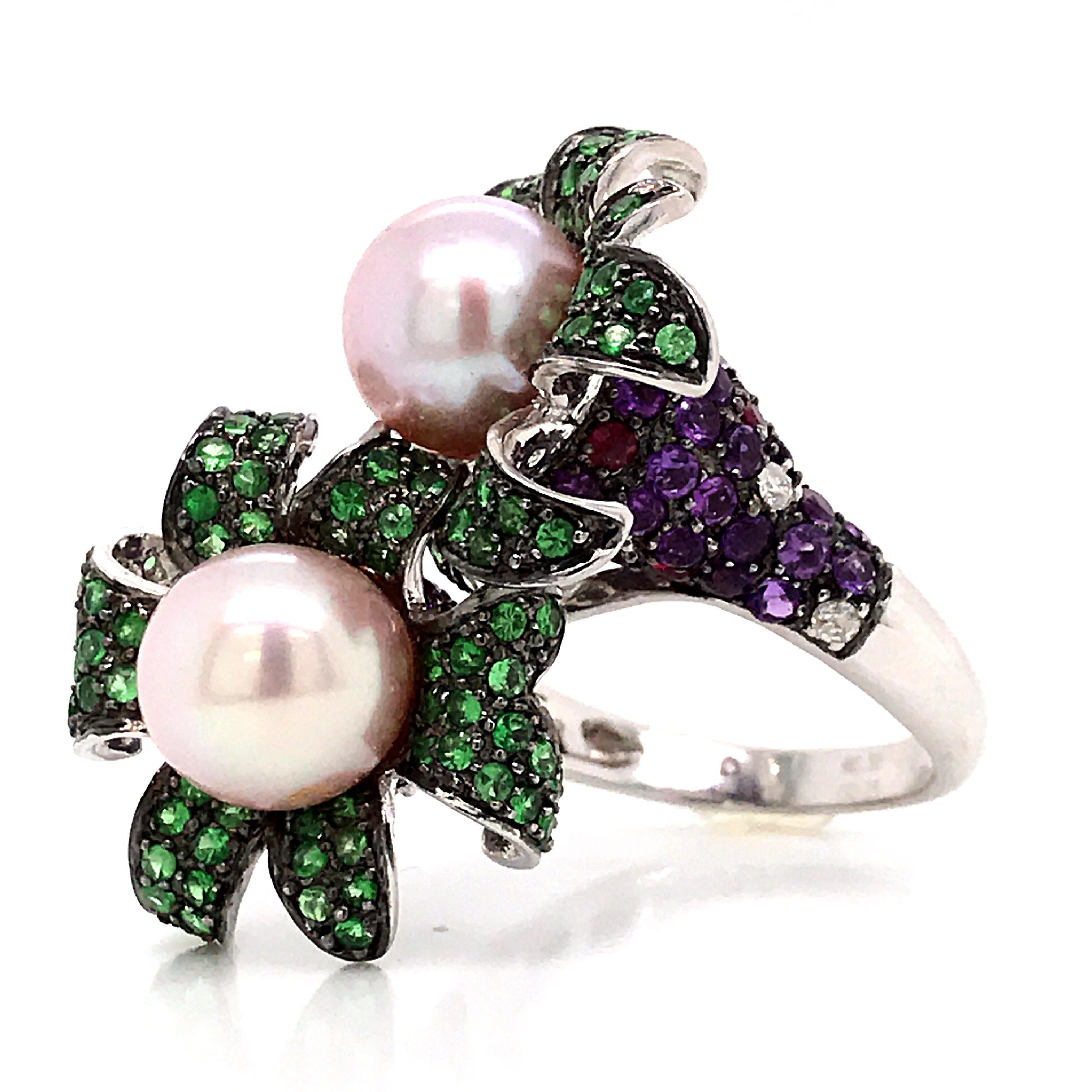 Cocktail Ring Cultured Pearl Emerald Amethyst Diamonds Ruby White Gold 18 Karat For Sale 1