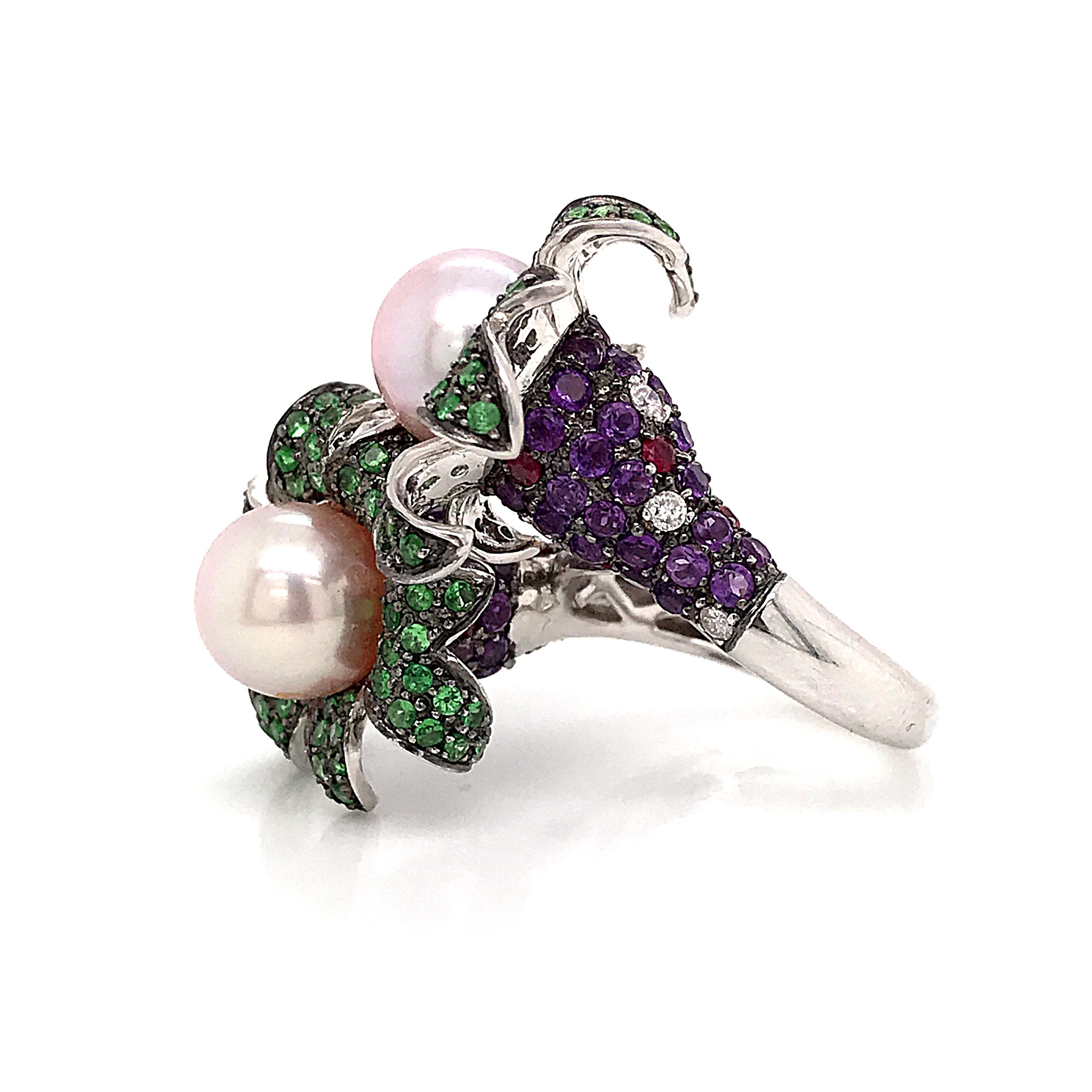 Cocktail Ring Cultured Pearl Emerald Amethyst Diamonds Ruby White Gold 18 Karat For Sale 2
