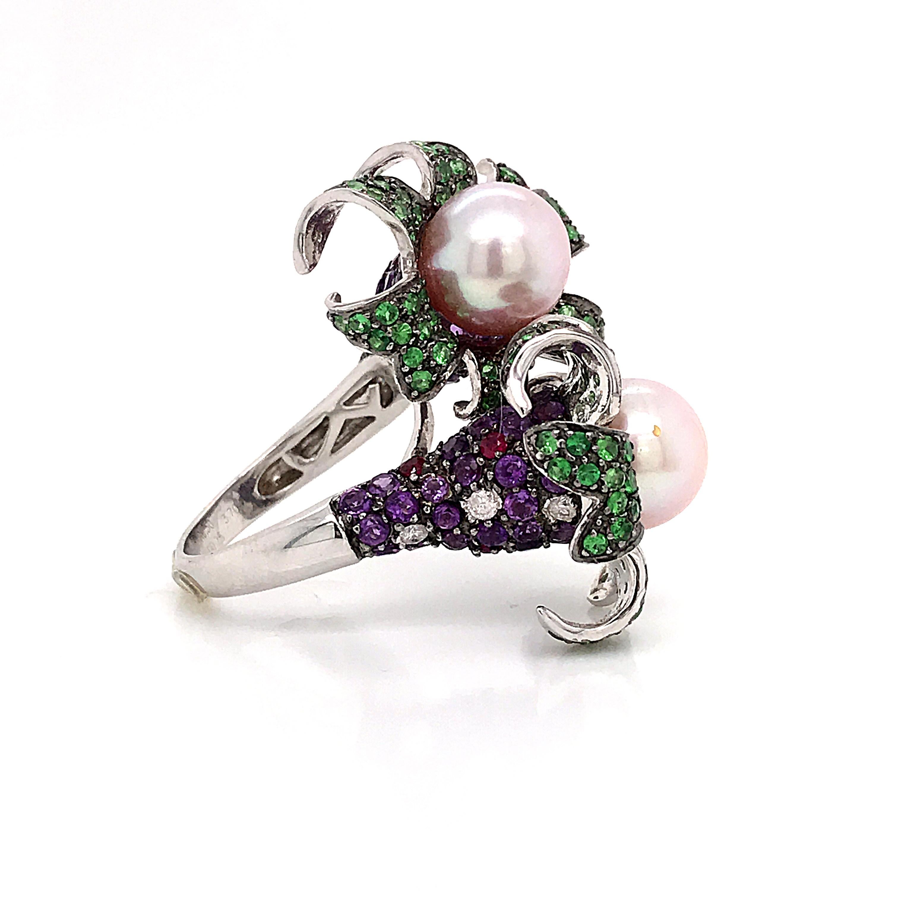 Cocktail Ring Cultured Pearl Emerald Amethyst Diamonds Ruby White Gold 18 Karat For Sale 3