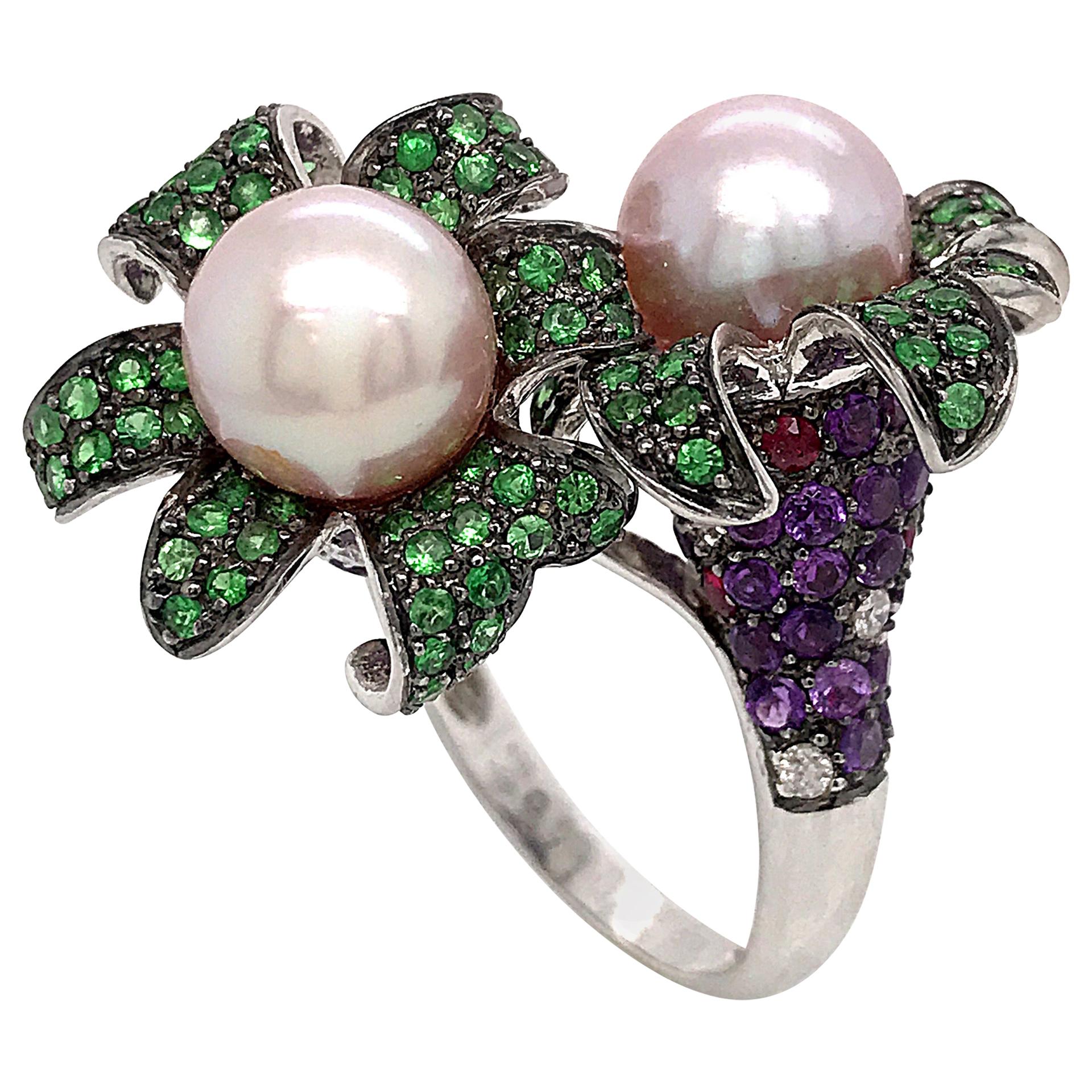 Cocktail Ring Cultured Pearl Emerald Amethyst Diamonds Ruby White Gold 18 Karat For Sale