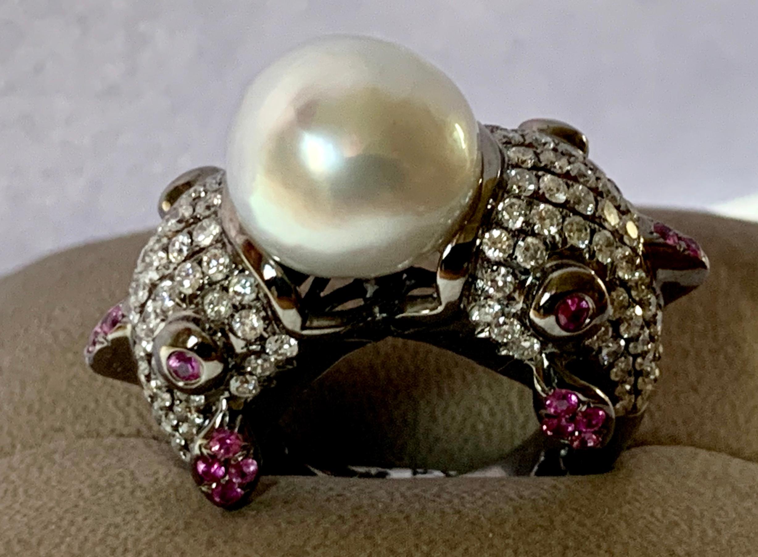 Cocktail Ring Fish Motive South Sea Pearl Diamonds Pink Sapphires 18 Karat Gold For Sale 4