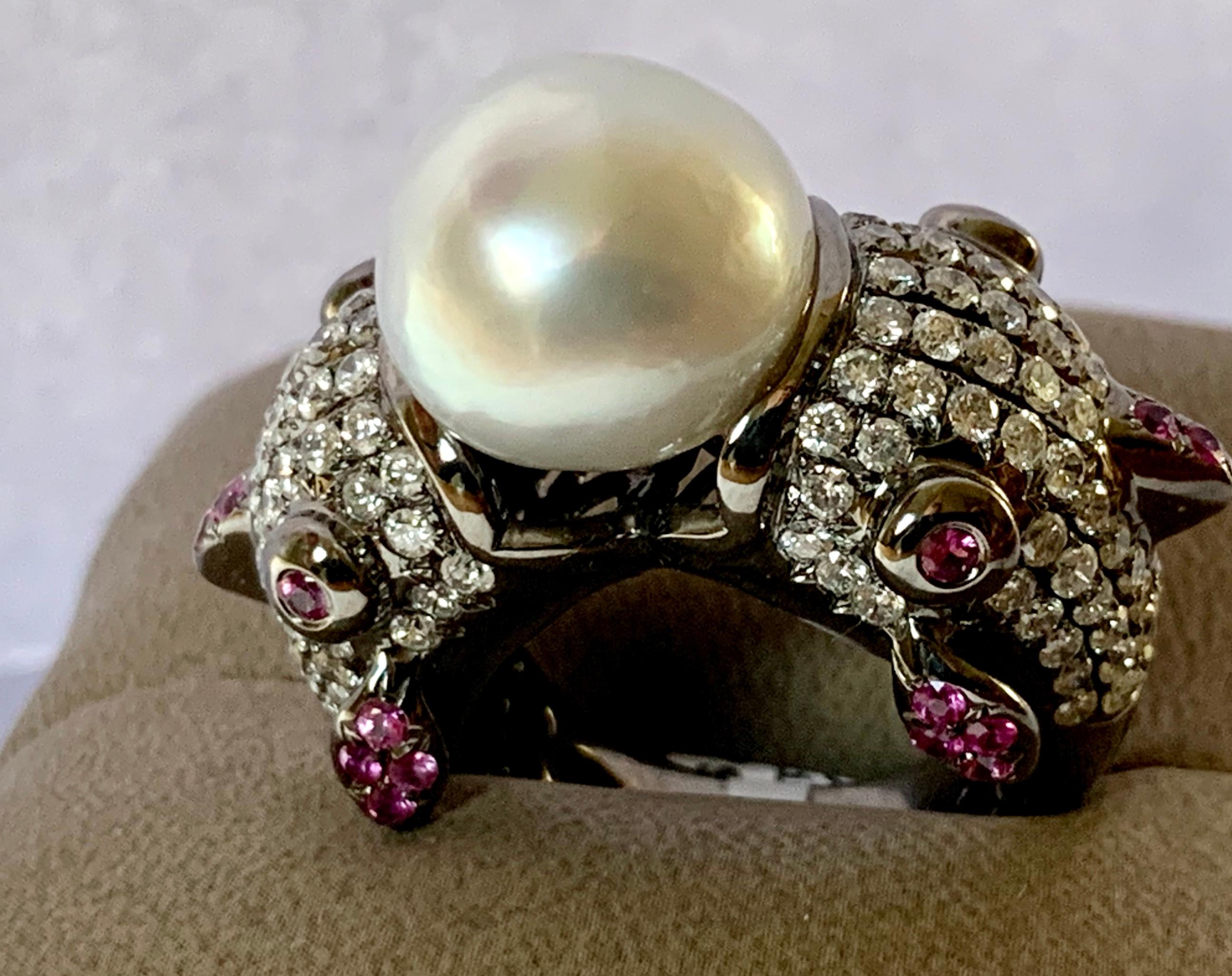 Cocktail Ring Fish Motive South Sea Pearl Diamonds Pink Sapphires 18 Karat Gold For Sale 5
