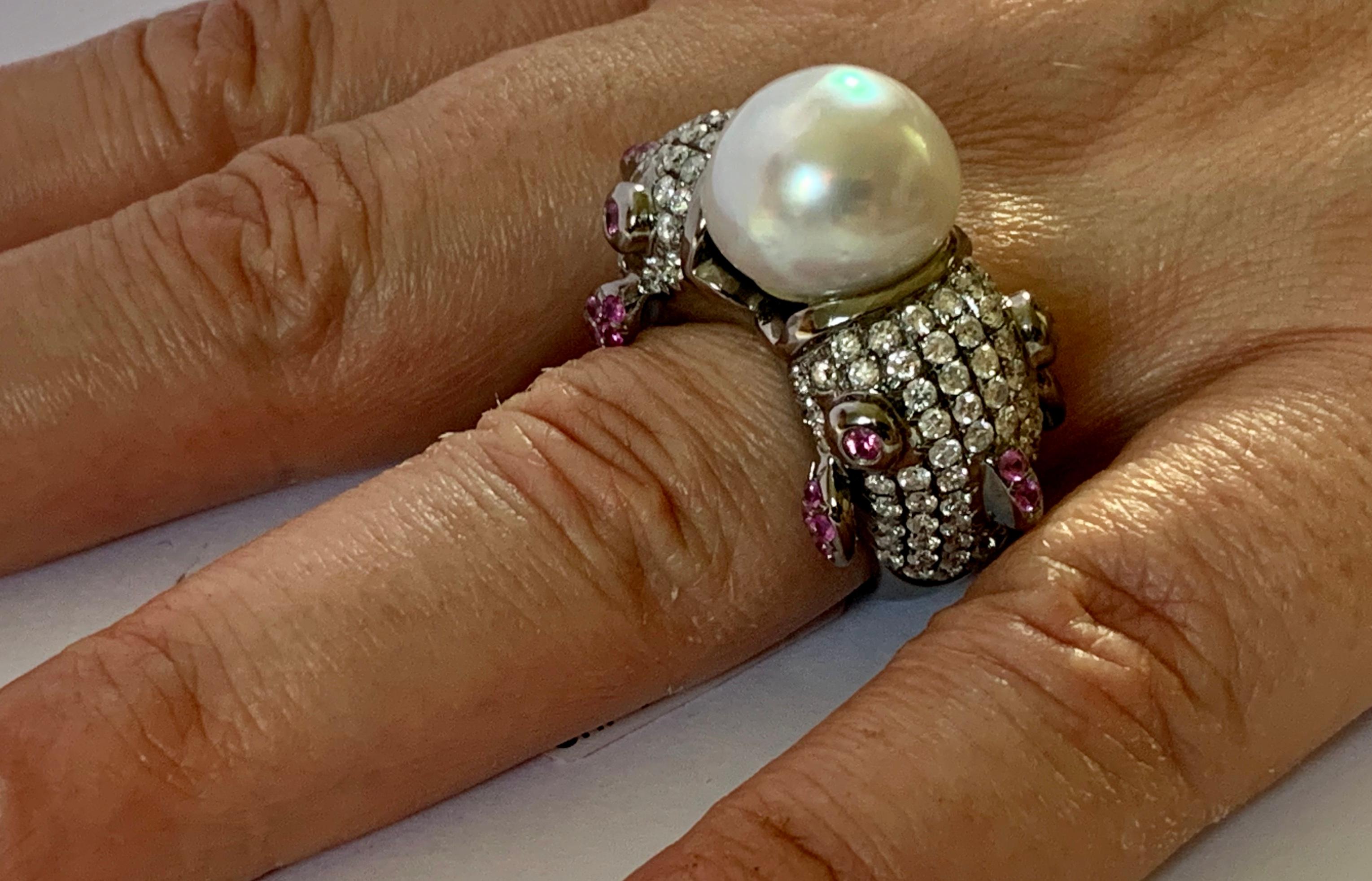 Women's or Men's Cocktail Ring Fish Motive South Sea Pearl Diamonds Pink Sapphires 18 Karat Gold For Sale