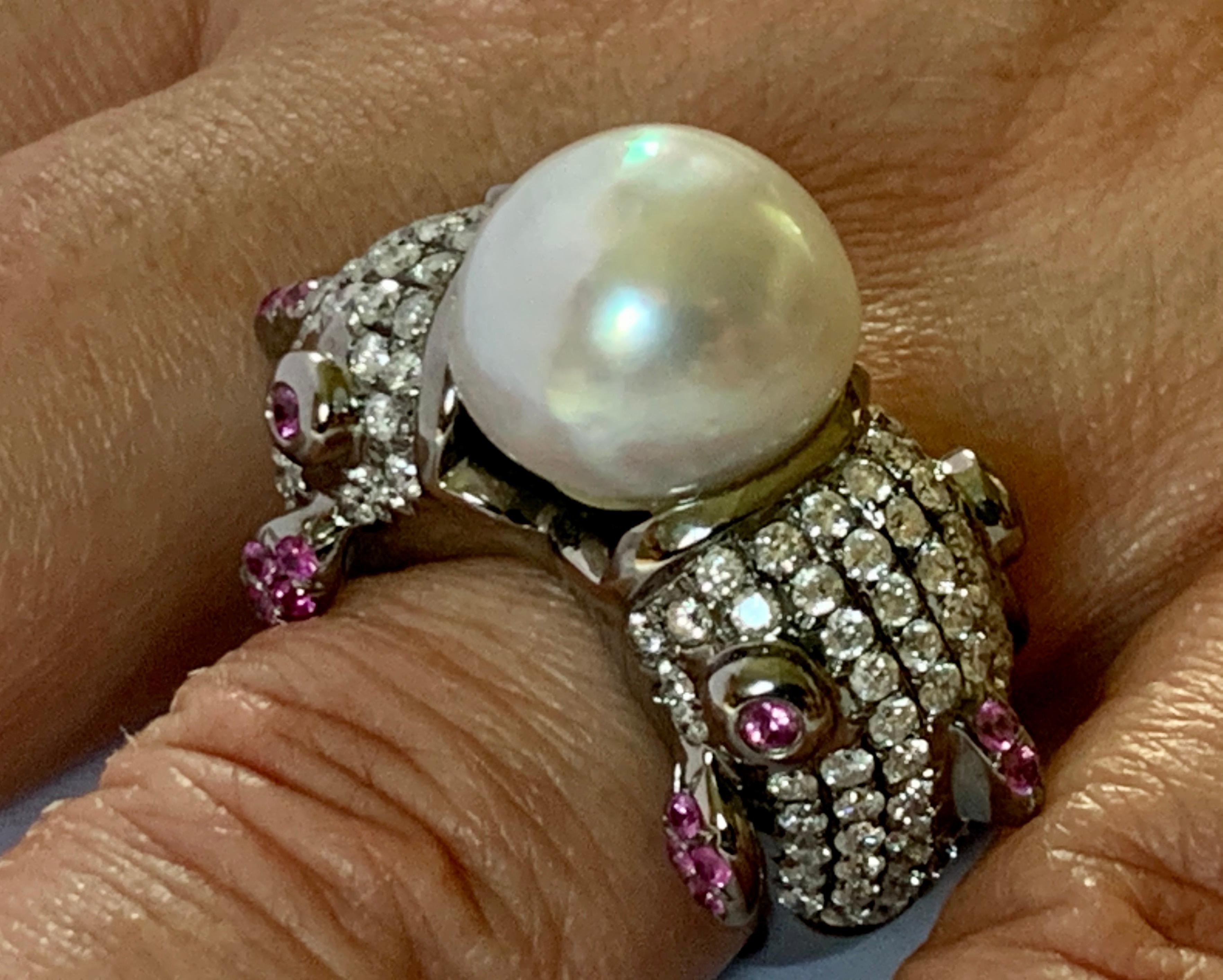 Cocktail Ring Fish Motive South Sea Pearl Diamonds Pink Sapphires 18 Karat Gold For Sale 1