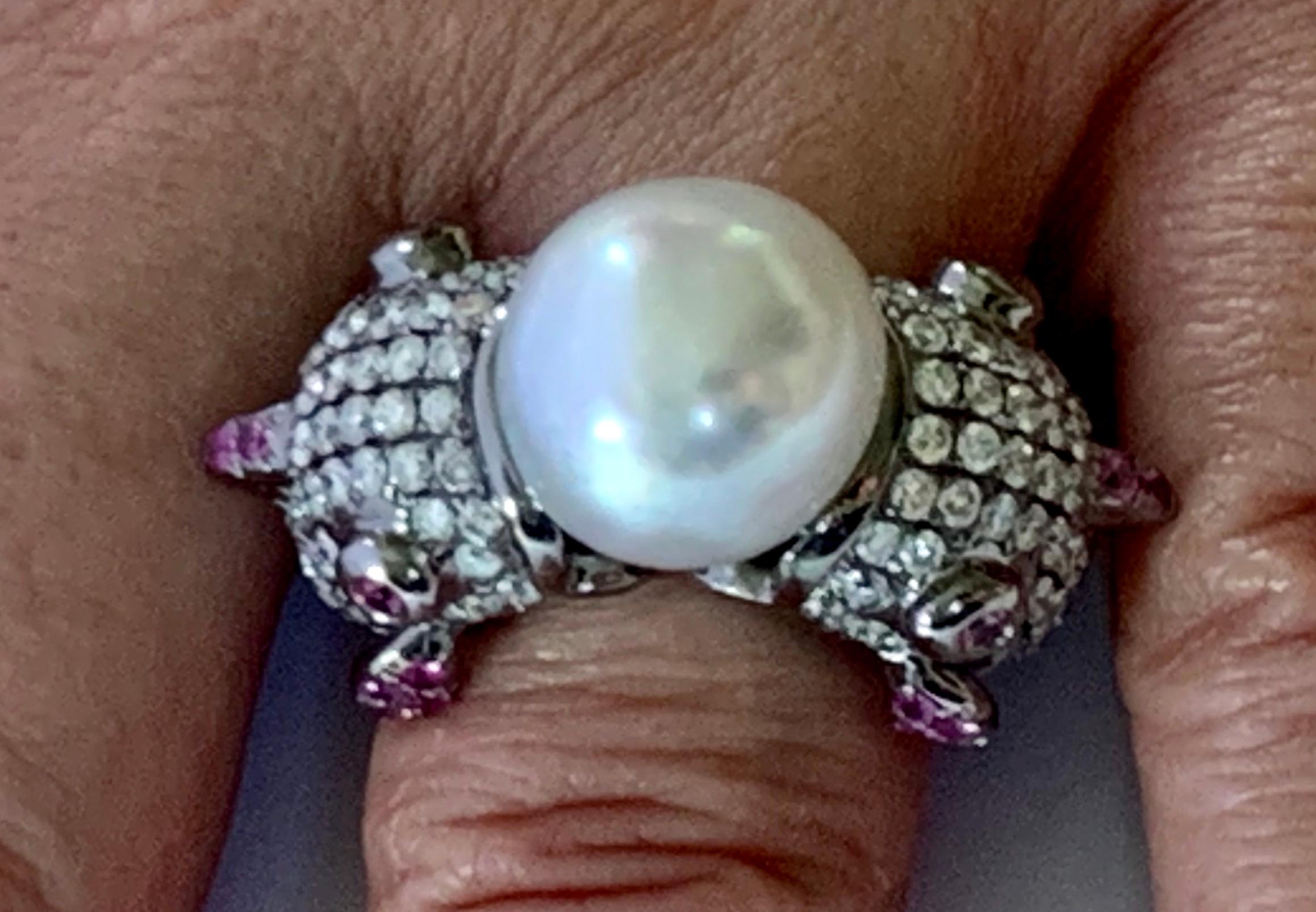 Cocktail Ring Fish Motive South Sea Pearl Diamonds Pink Sapphires 18 Karat Gold For Sale 3