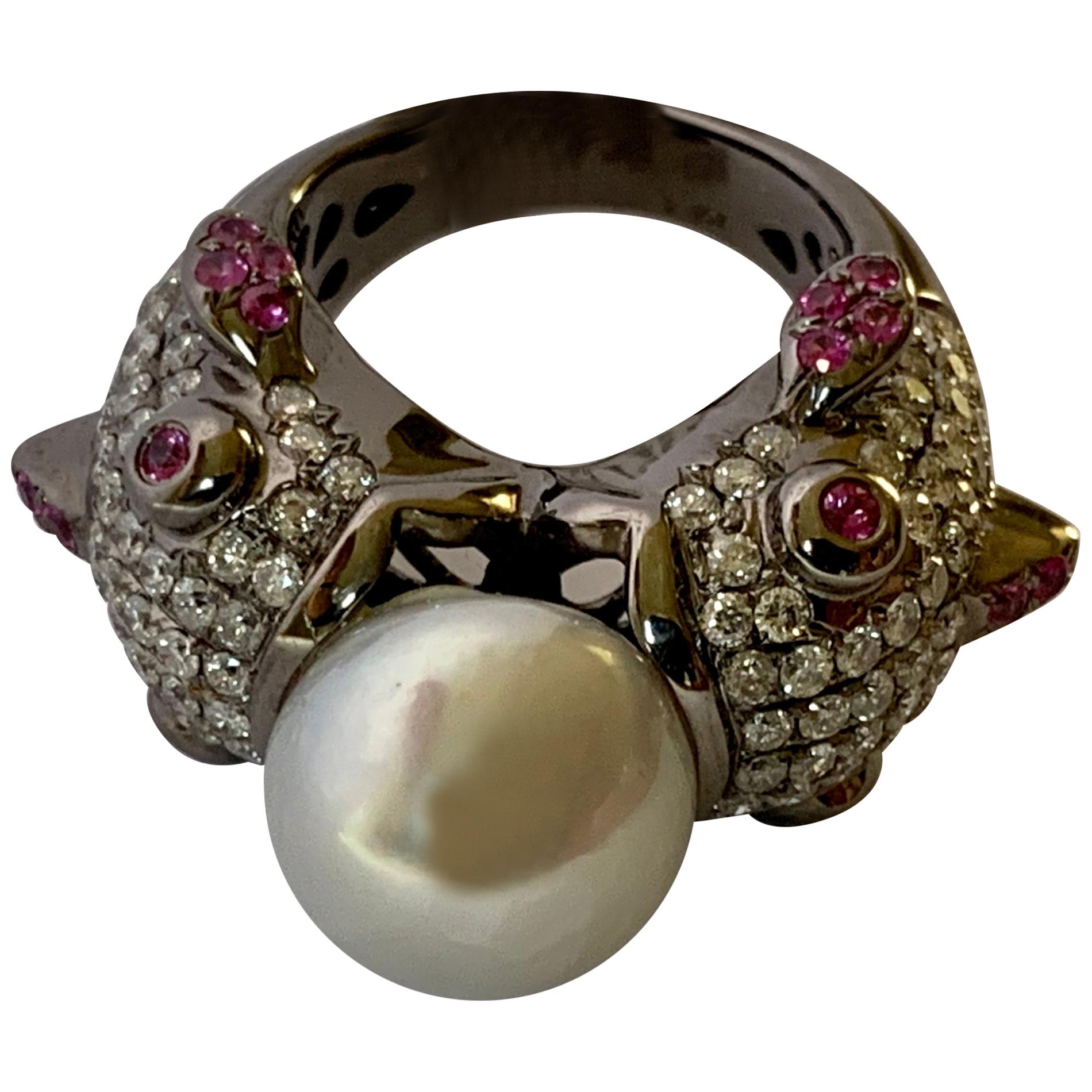 Cocktail Ring Fish Motive South Sea Pearl Diamonds Pink Sapphires 18 Karat Gold For Sale