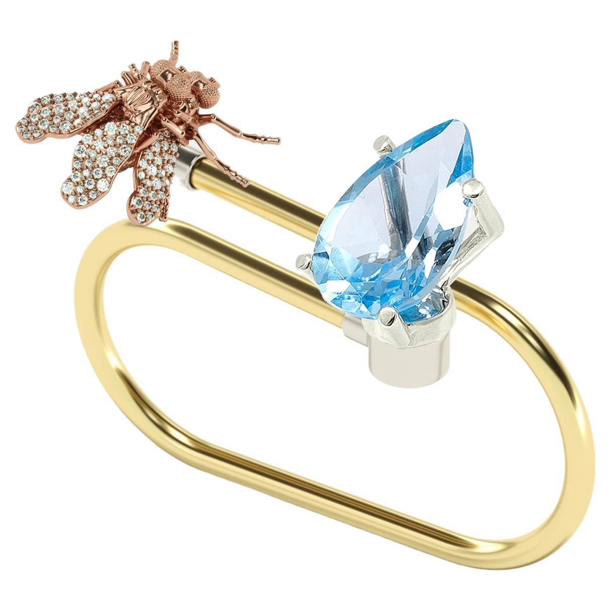 Blue Sky Topaz, Golden & Diamonds Ring for Two Fingers, 18K  For Sale
