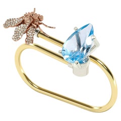 Blue Sky Topaz, Golden & Diamonds Ring for Two Fingers, 18K 