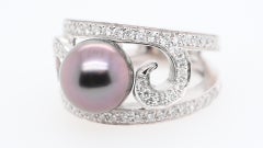 Cocktail Ring French Tahiti Pearl White Diamonds White Gold 18 Karat