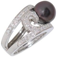Anillo de Cóctel Perla Francesa de Tahití Diamantes Blancos Oro Blanco 18 Kilates