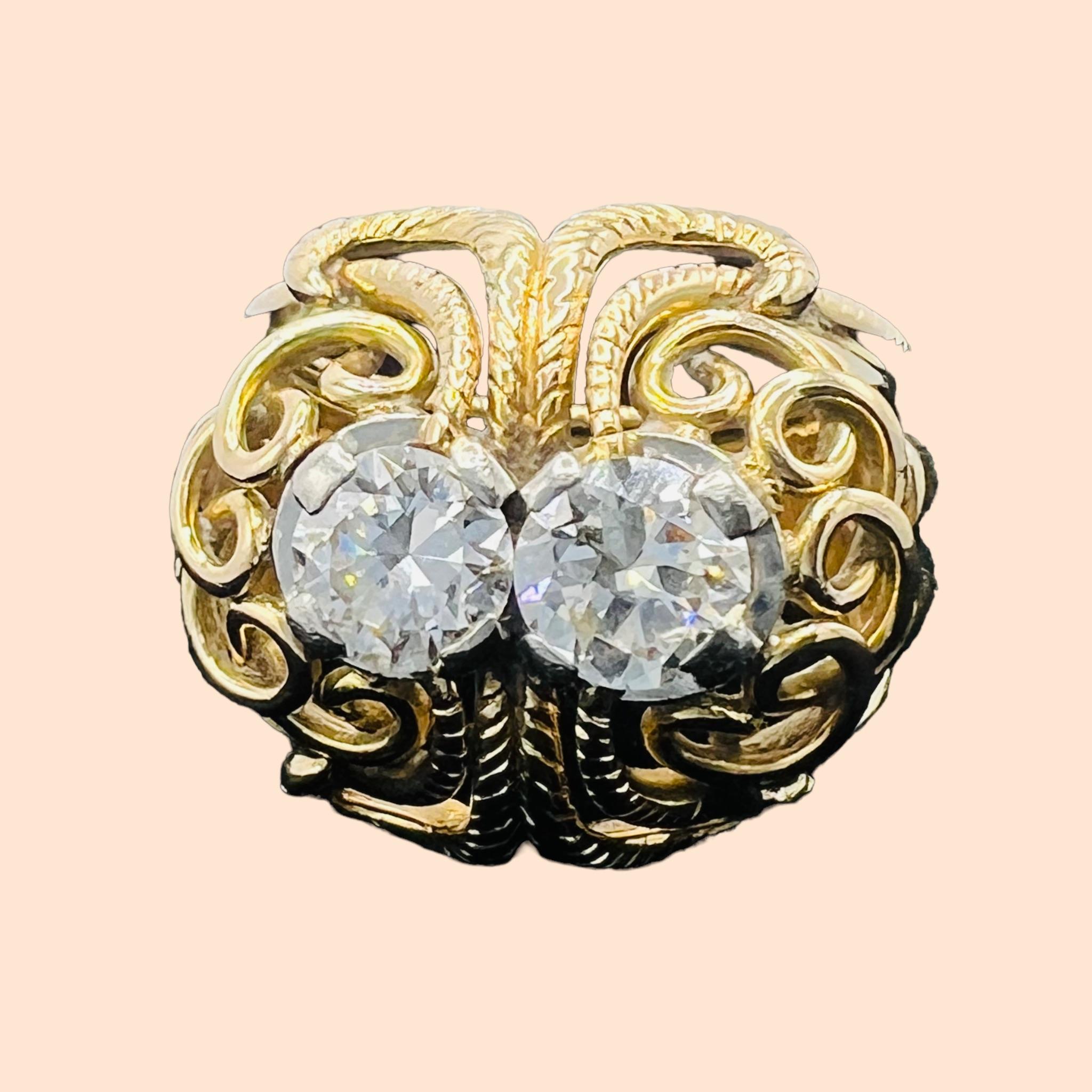 Baroque Cocktail Ring from the 1950s in 18 Carat Gold, Set with Two Modern Cut Diamond