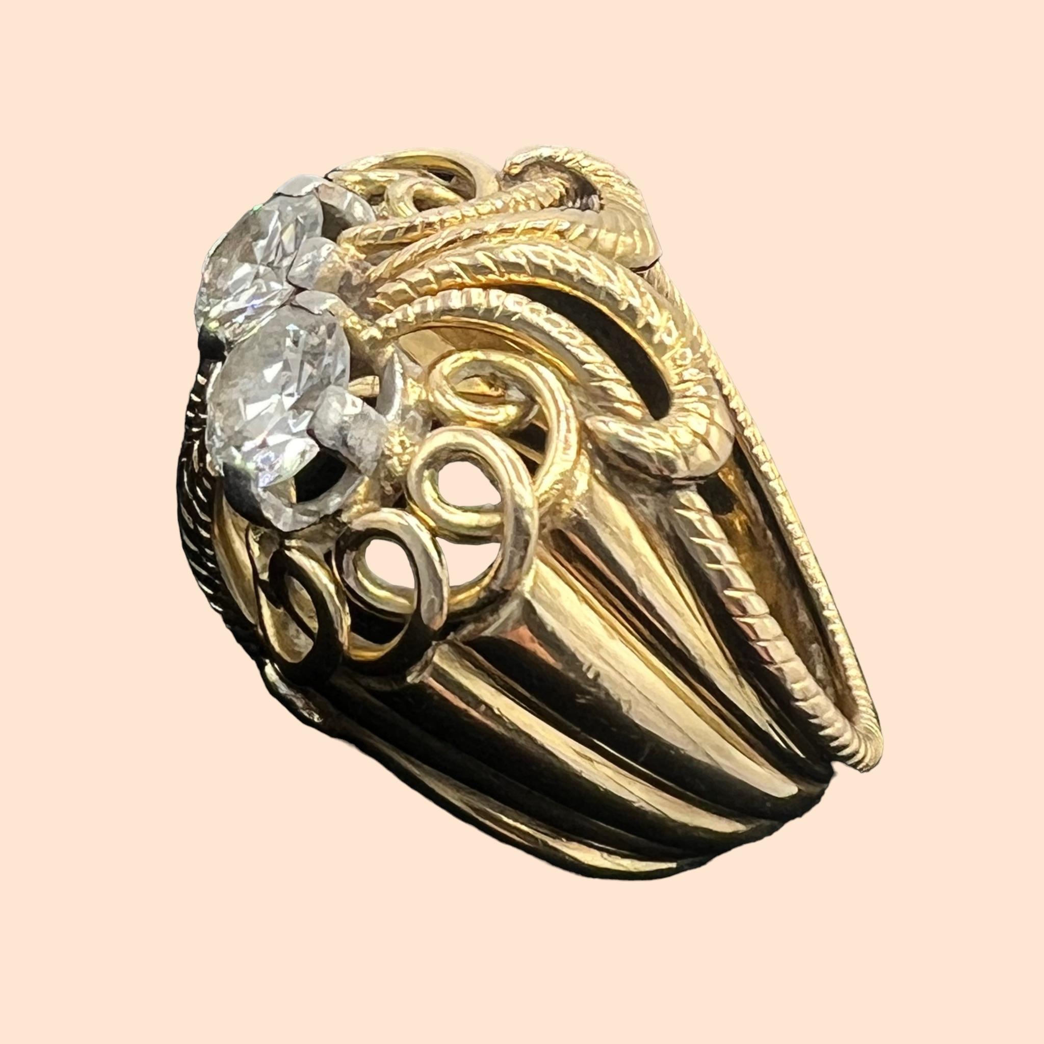 Round Cut Cocktail Ring from the 1950s in 18 Carat Gold, Set with Two Modern Cut Diamond
