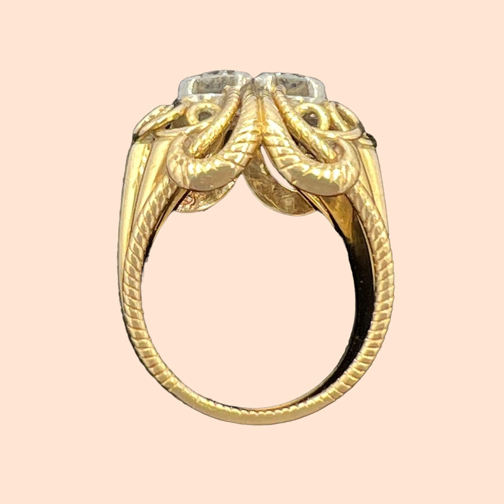 Women's Cocktail Ring from the 1950s in 18 Carat Gold, Set with Two Modern Cut Diamond