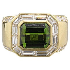Anillo de Cóctel Turmalina Verde Diamantes 6,09 Quilates Macizo Oro Amarillo 18 Kilates