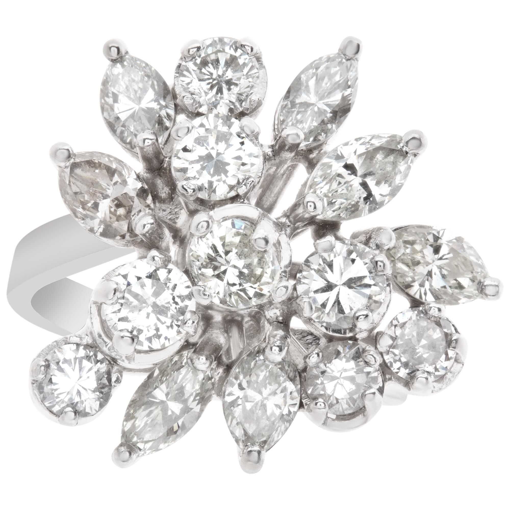 Cocktail ring in 14k white gold with over 2 carats in marquise & round diamondsThis Diamond ring is currently size 4.5 and some items can be sized up or down, please ask! It weighs 4.4 pennyweights and is 14k White Gold.