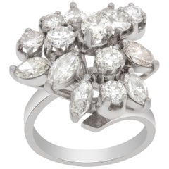 Vintage Cocktail Ring in 14k White Gold with 2 Carats in Marquise & Round Diamonds