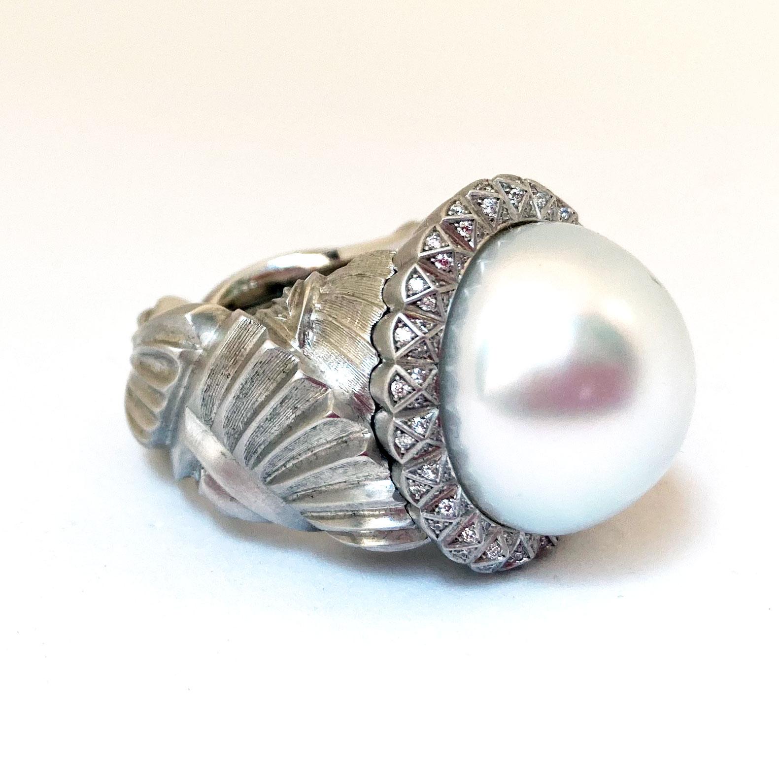 Round Cut Cocktail Ring in 18 Karat White Gold with White Southsea Pearl and Diamonds For Sale