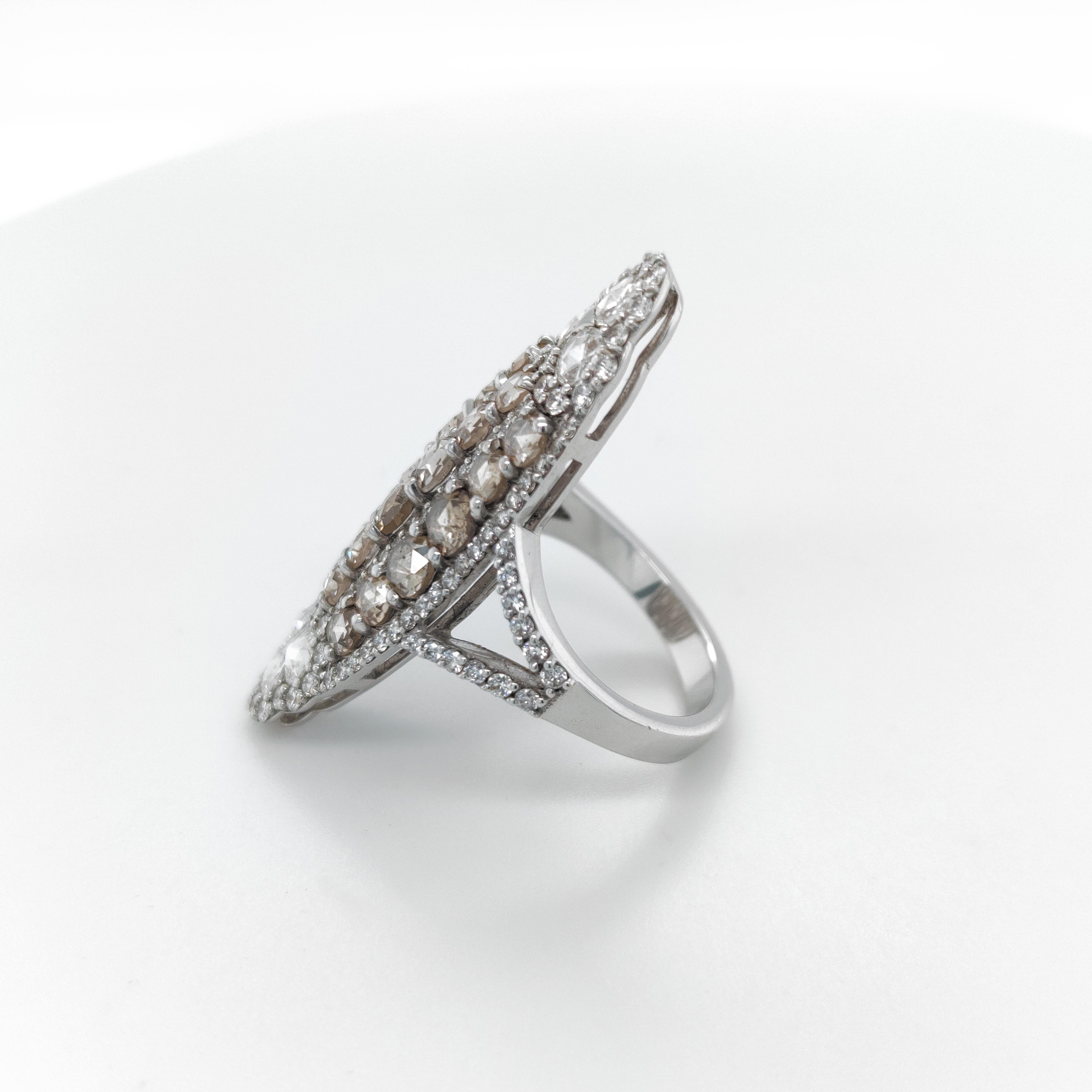 This magnificent CLIO cocktail ring is extremely versatile. You can wear it in a casual mode with jeans and a tshirt or it may be a head-turner ring at cocktails or galas. The rose-cut & brilliant diamonds are manually set following the expertise of