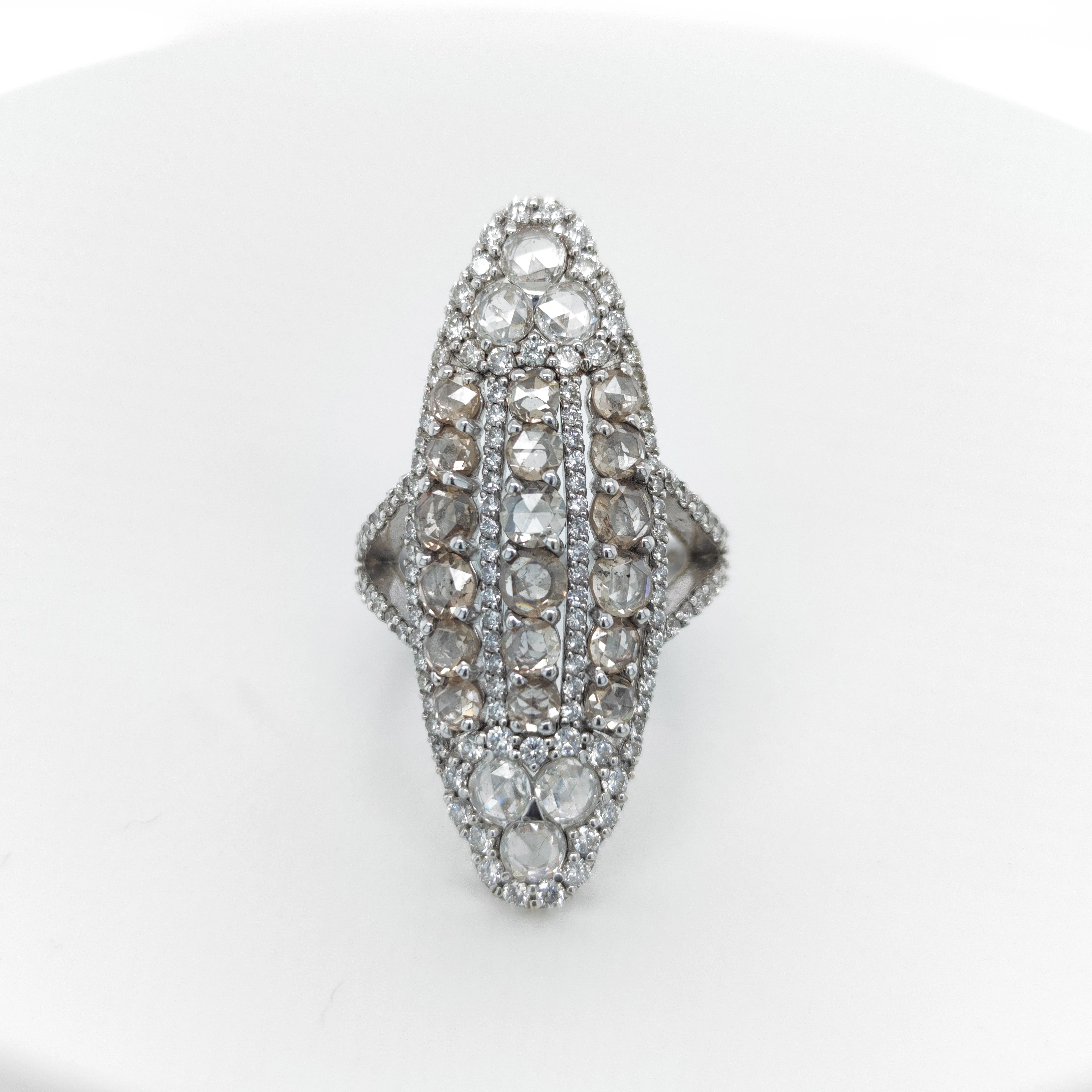 Artisan Cocktail ring in 18Kt White Gold, 1, 75 cts Diamonds & 1, 75 Brown Diamonds  For Sale