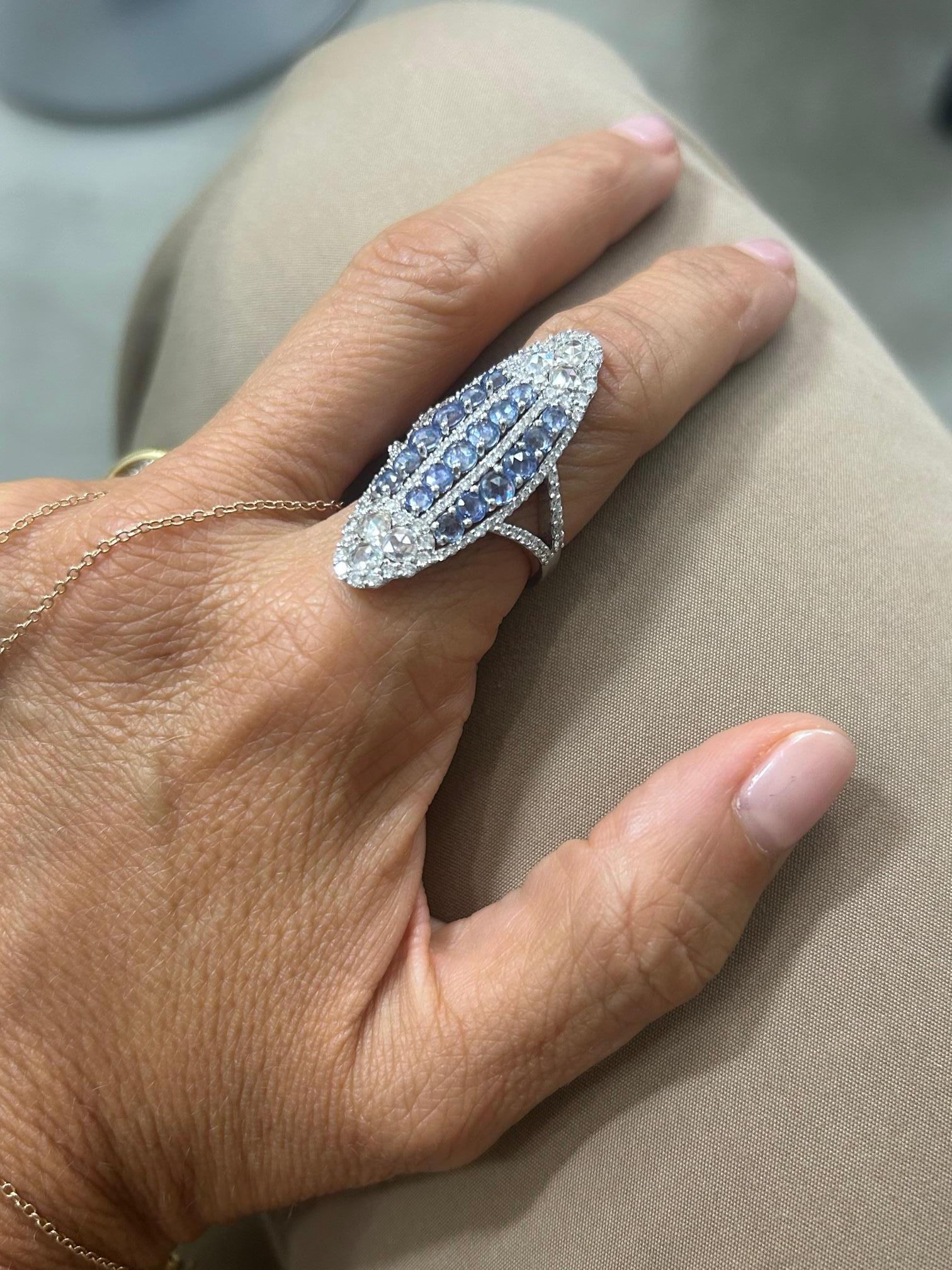 Brilliant Cut Cocktail ring in 18Kt White Gold, 1, 75 cts Diamonds & 2, 35 Blue Sapphires  For Sale