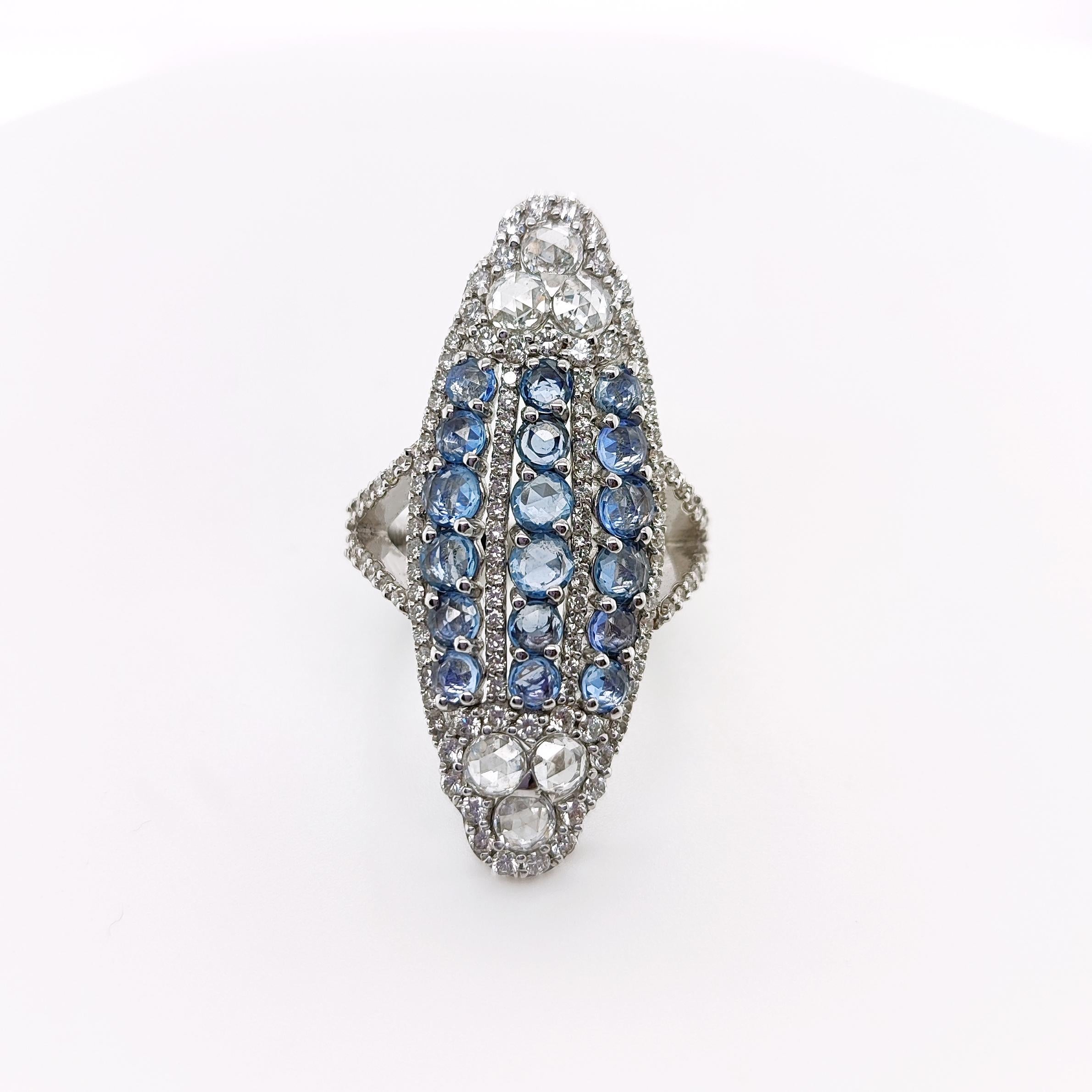 Artisan Cocktail ring in 18Kt White Gold, 1, 75 cts Diamonds & 2, 35 Blue Sapphires  For Sale