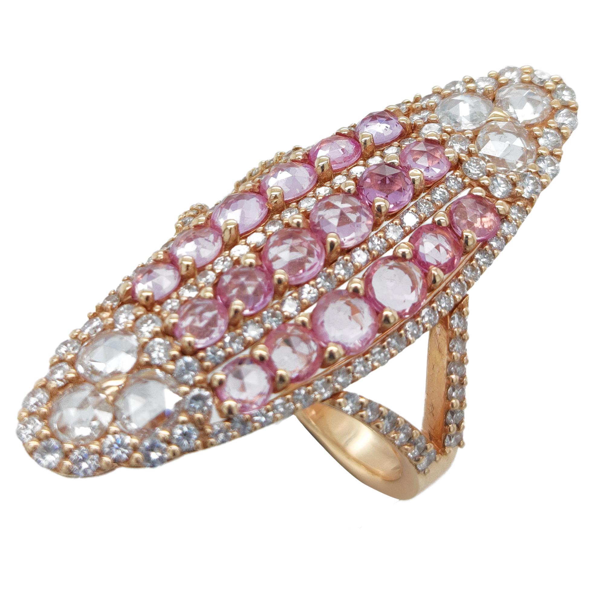 Cocktail ring in 18Kt White Gold, 1, 75 cts Diamonds & 2, 35 cts Pink Sapphires For Sale