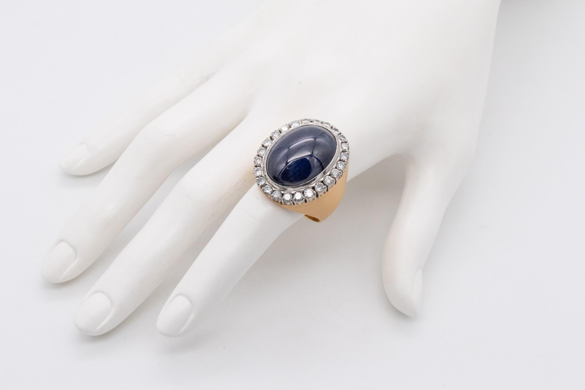 Contemporary Cocktail Ring in 18Kt Yellow Gold and Platinum 60.87 Ctw Blue Sapphire Diamonds