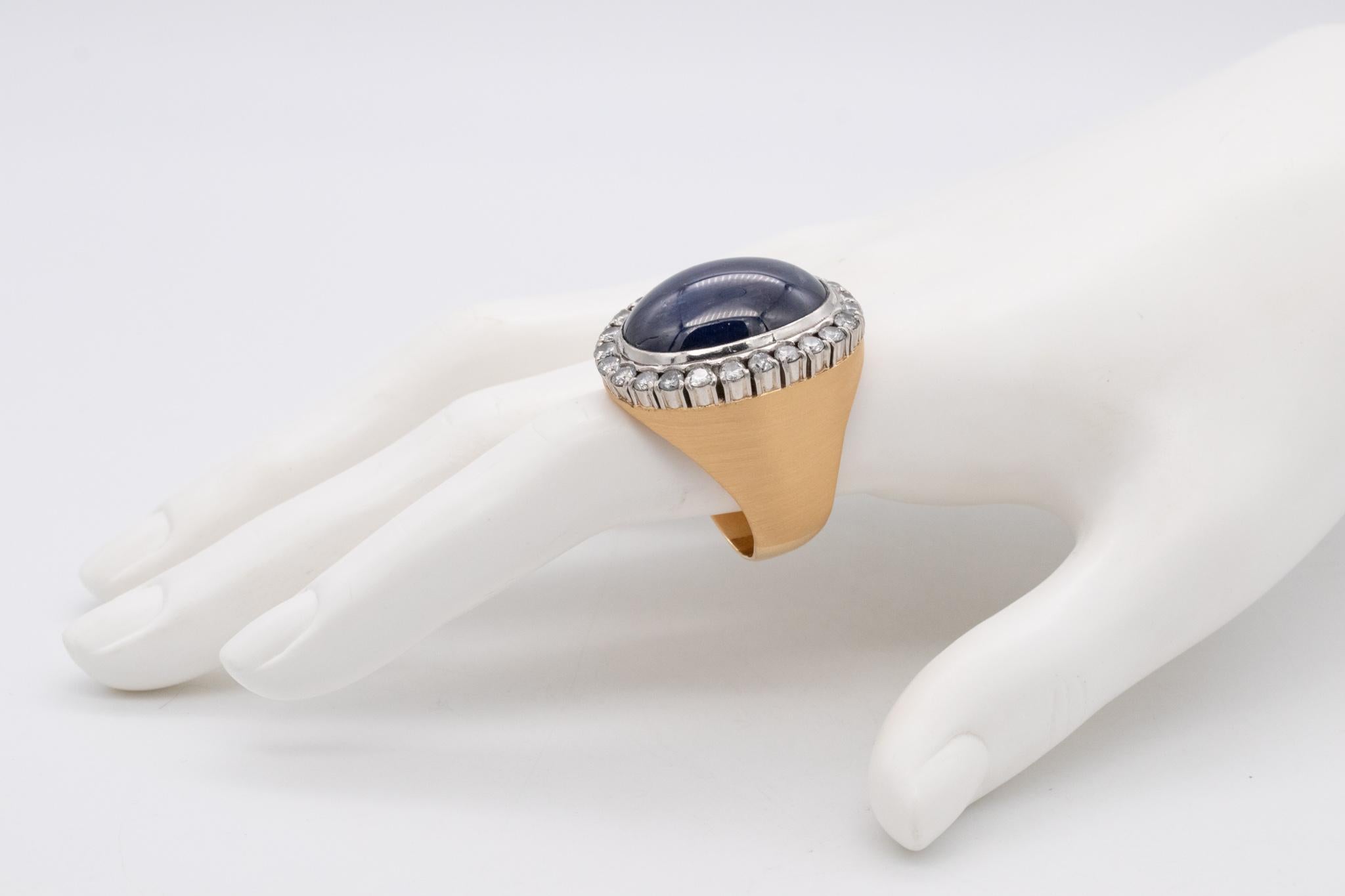 Cabochon Cocktail Ring in 18Kt Yellow Gold and Platinum 60.87 Ctw Blue Sapphire Diamonds