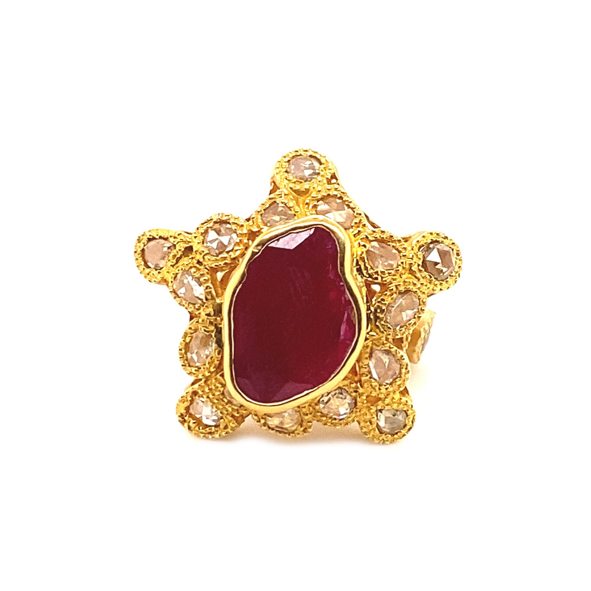 Contemporary Cocktail Ring in 20K Yellow Gold with 4.08-carat Ruby and Diamonds For Sale