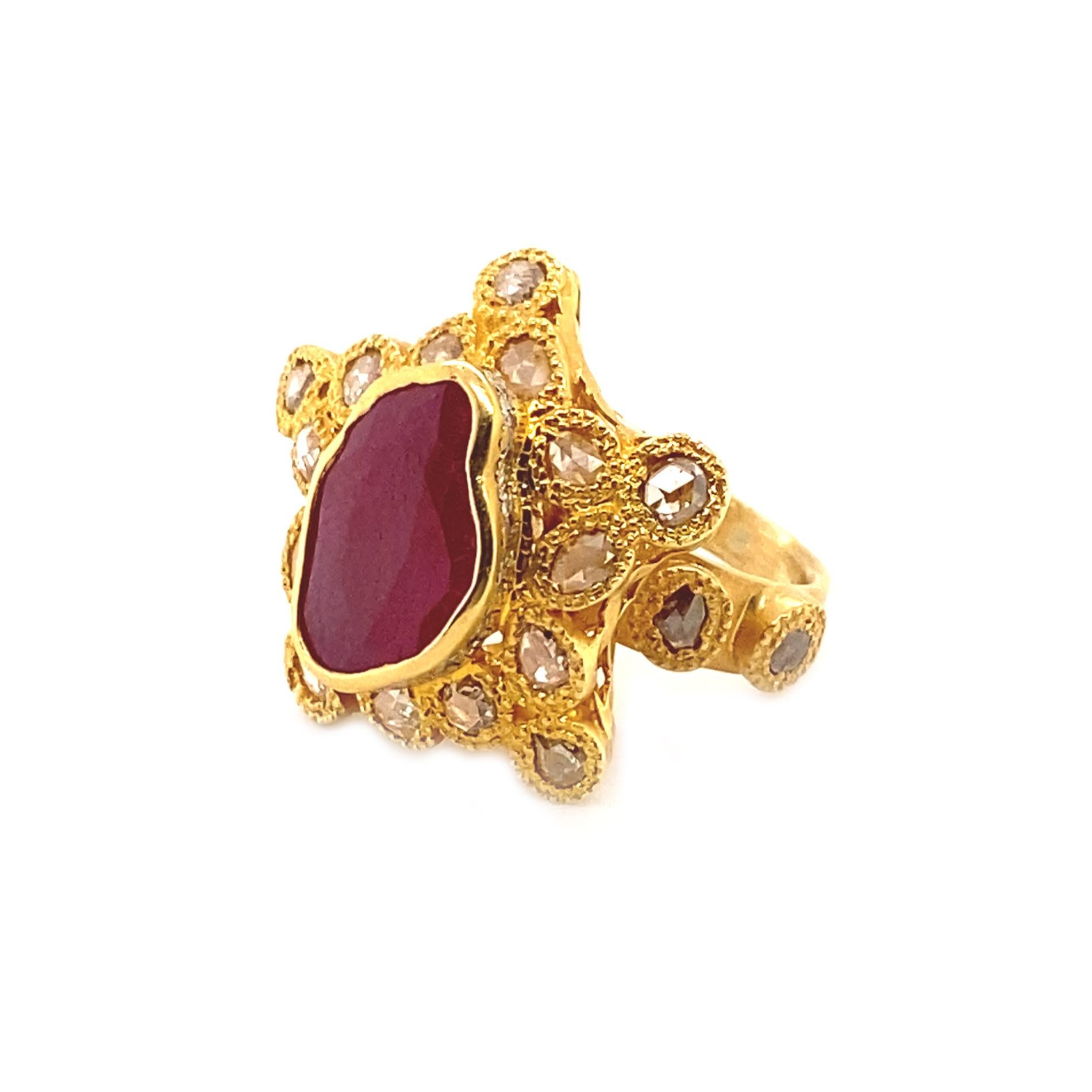 Rose Cut Cocktail Ring in 20K Yellow Gold with 4.08-carat Ruby and Diamonds For Sale
