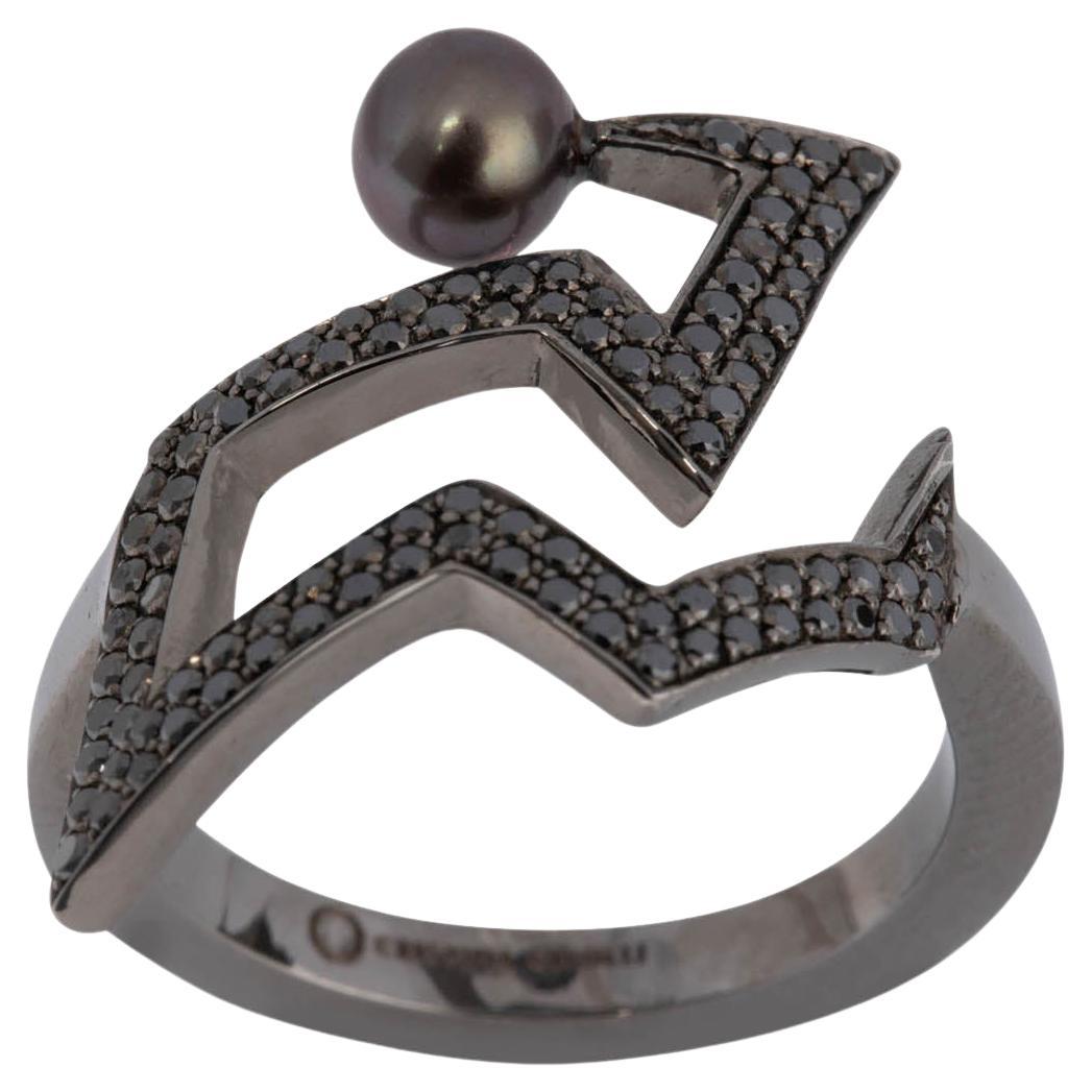 Cocktail Ring in Black Rhodium over Silver with Black Diamonds and Pearl For Sale