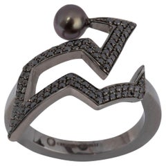 Cocktail Ring in Black Rhodium over Silver with Black Diamonds and Pearl