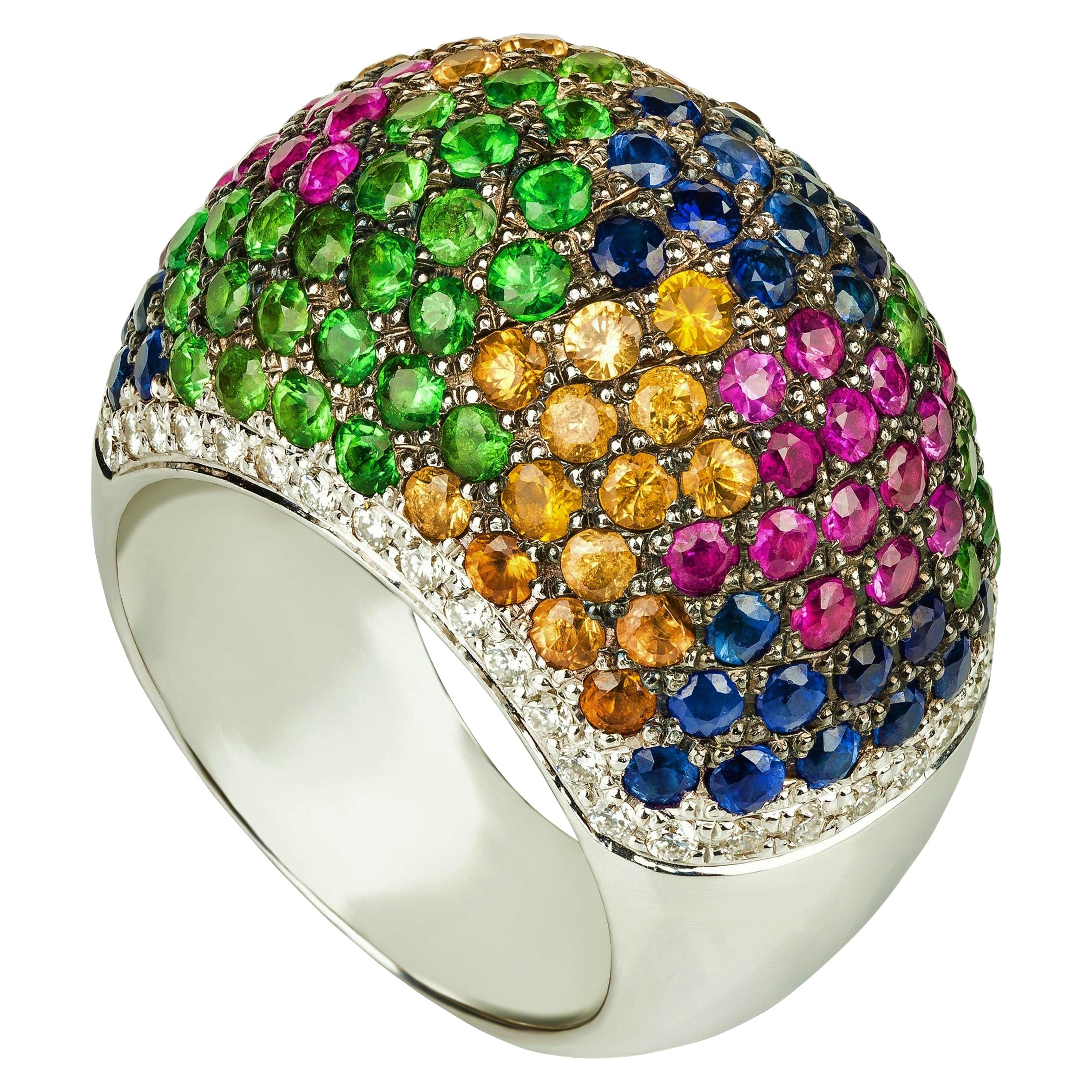 Rosior one-off Diamond, Sapphire and Tsavorite Cocktail Ring set in White Gold 