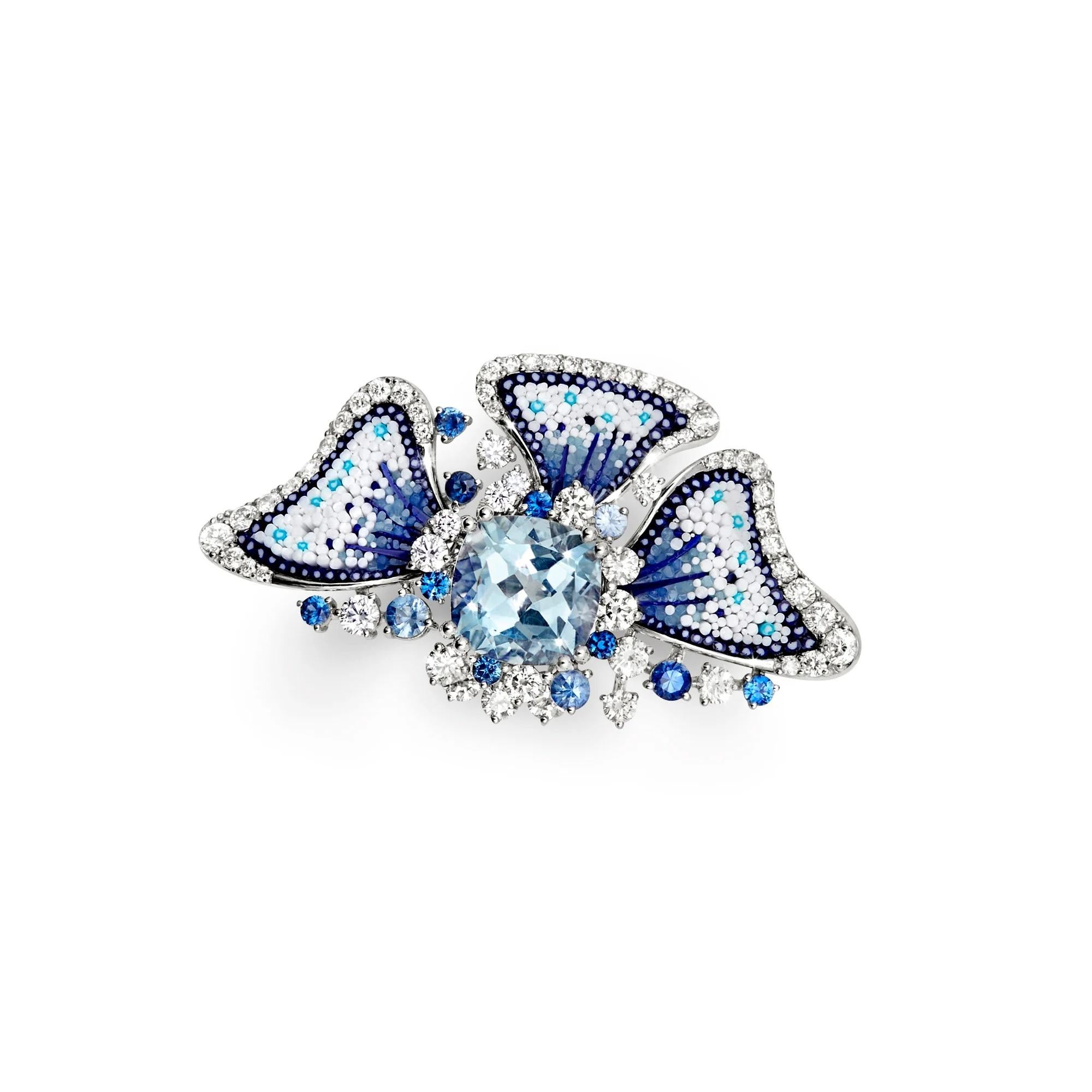 Cocktailring aus Weißgold mit Aquamarin, Diamanten, Saphiren und Mikromosaik (Zeitgenössisch) im Angebot